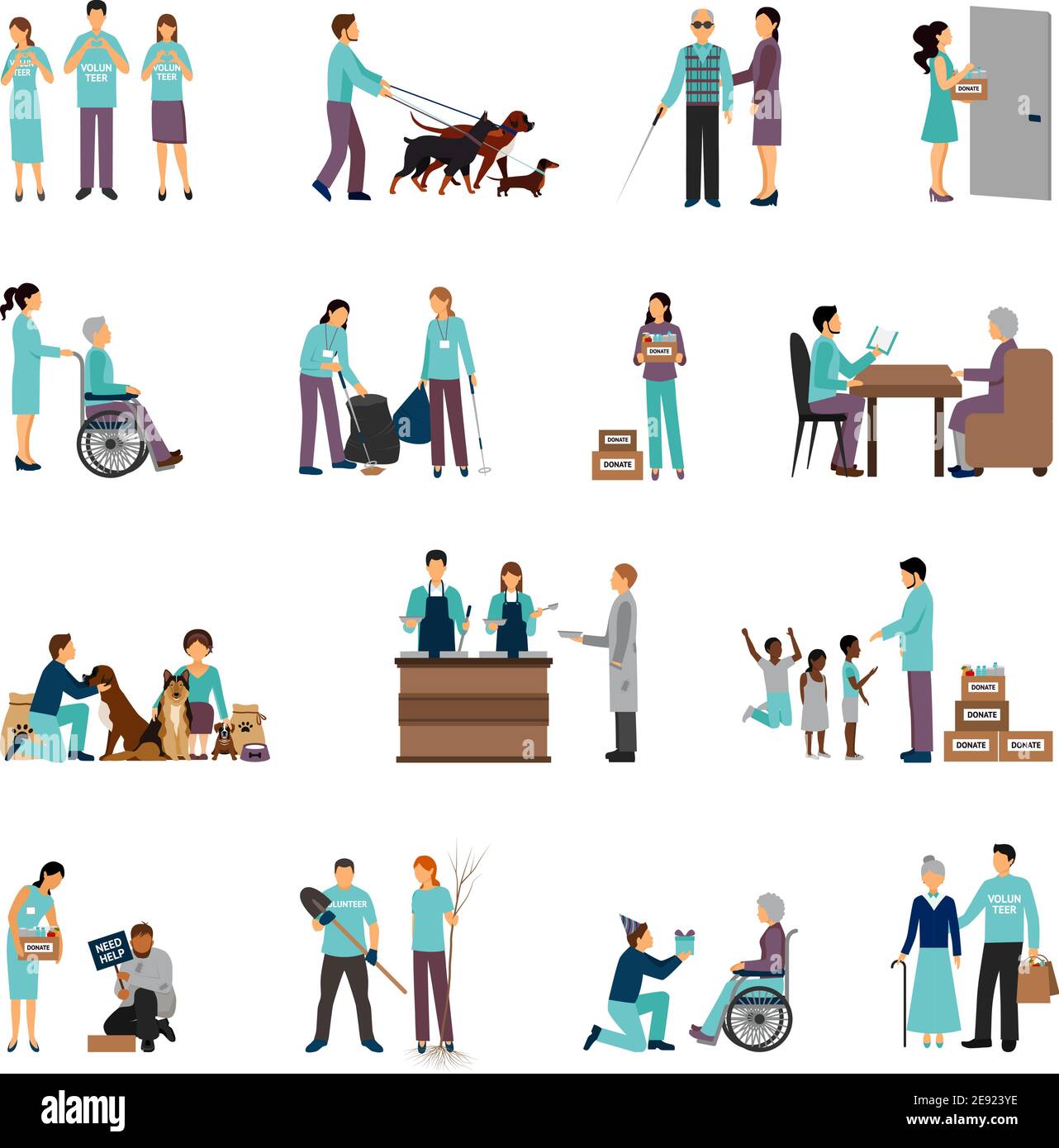 Volunteers set with people helping seniours social support flat icons isolated vector illustration Stock Vector