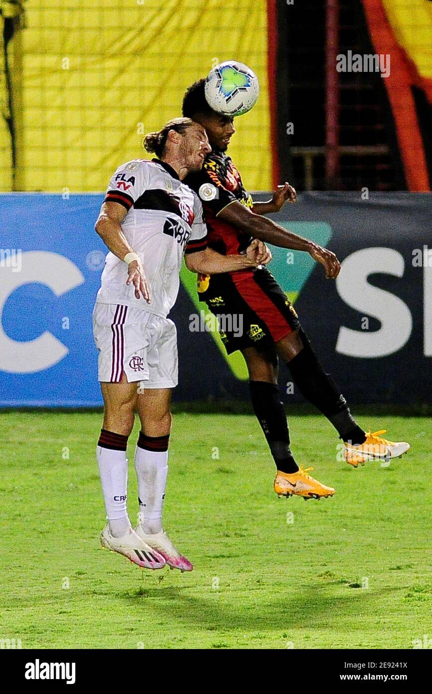 RECIFE, PE - 01.02.2021: SPORT X FLAMENGO - Left back Filipe Luís (Flamengo - left) and right back and striker Ewerthon (Sport) during the game between Sport x Flamengo / RJ, valid for the thirty-third round of the Brazilian Championship of series A 2020, held at Adelmar da Costa Carvalho Stadium, known as Estádio do Ilha do Retiro, in Recife (PE), this Monday (01). (Photo: Ricardo Fernandes/Spia Photo/Fotoarena) Stock Photo