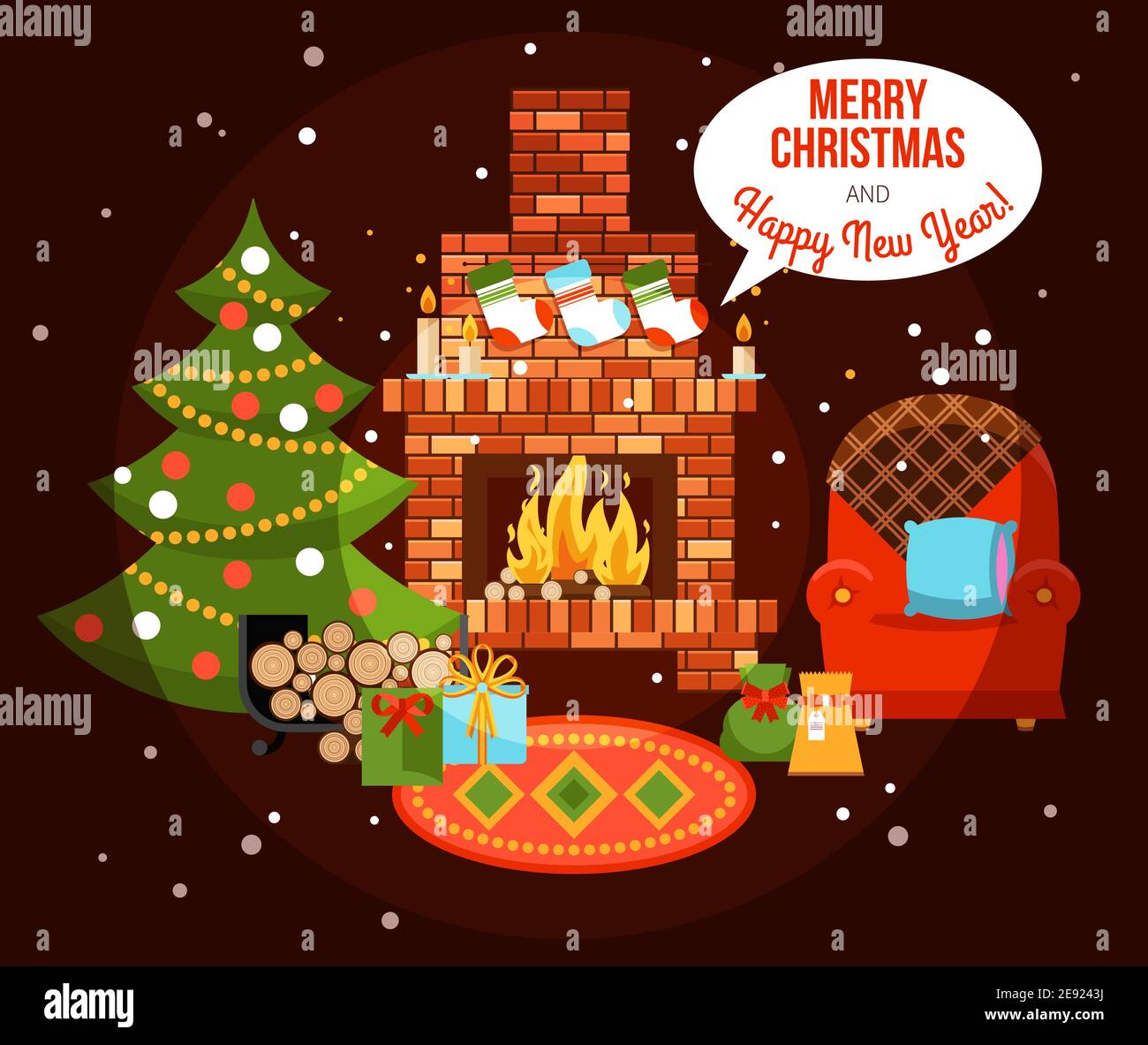 Flat design new year holiday decorated room with fireplace christmas tree and presents vector illustration Stock Vector