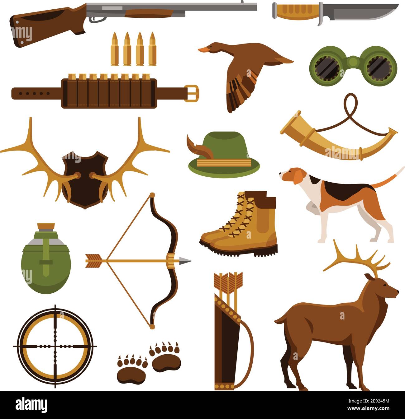 Arms and tools for shooting and hunting flat set isolated on white ...