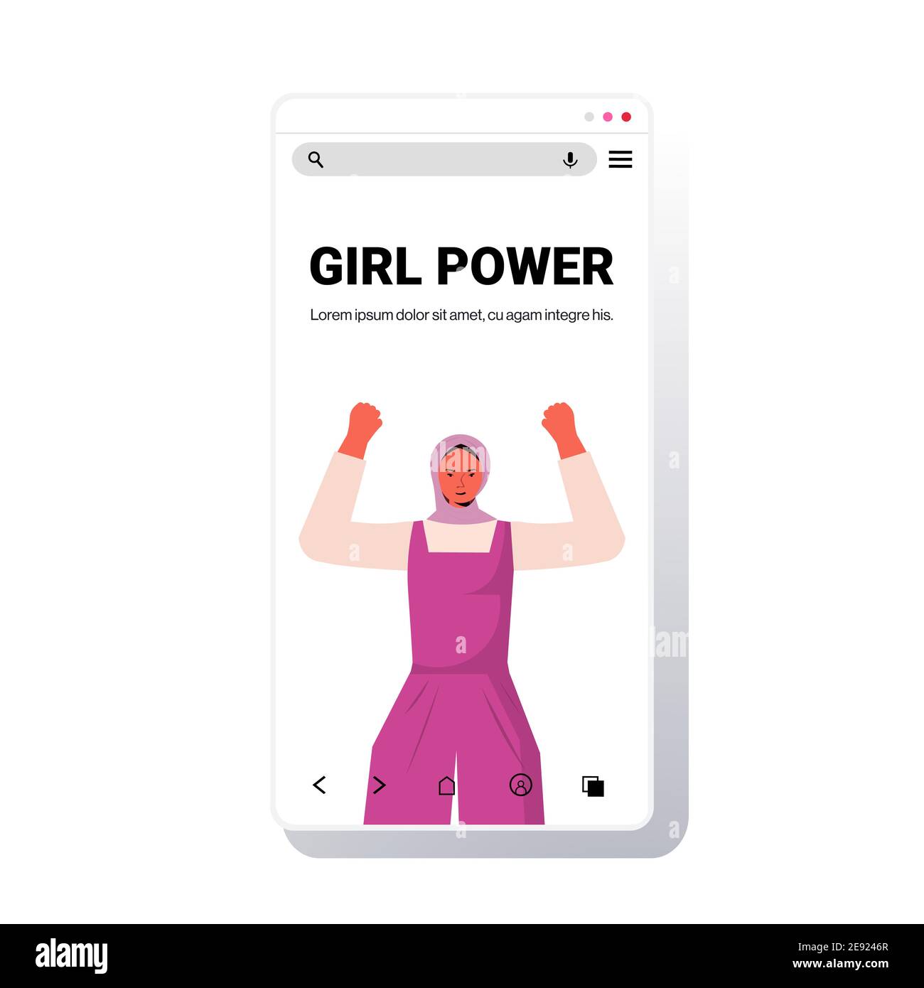 arab woman holding raised up hand female empowerment movement girl power union of feminists concept smartphone screen copy space portrait vector illustration Stock Vector
