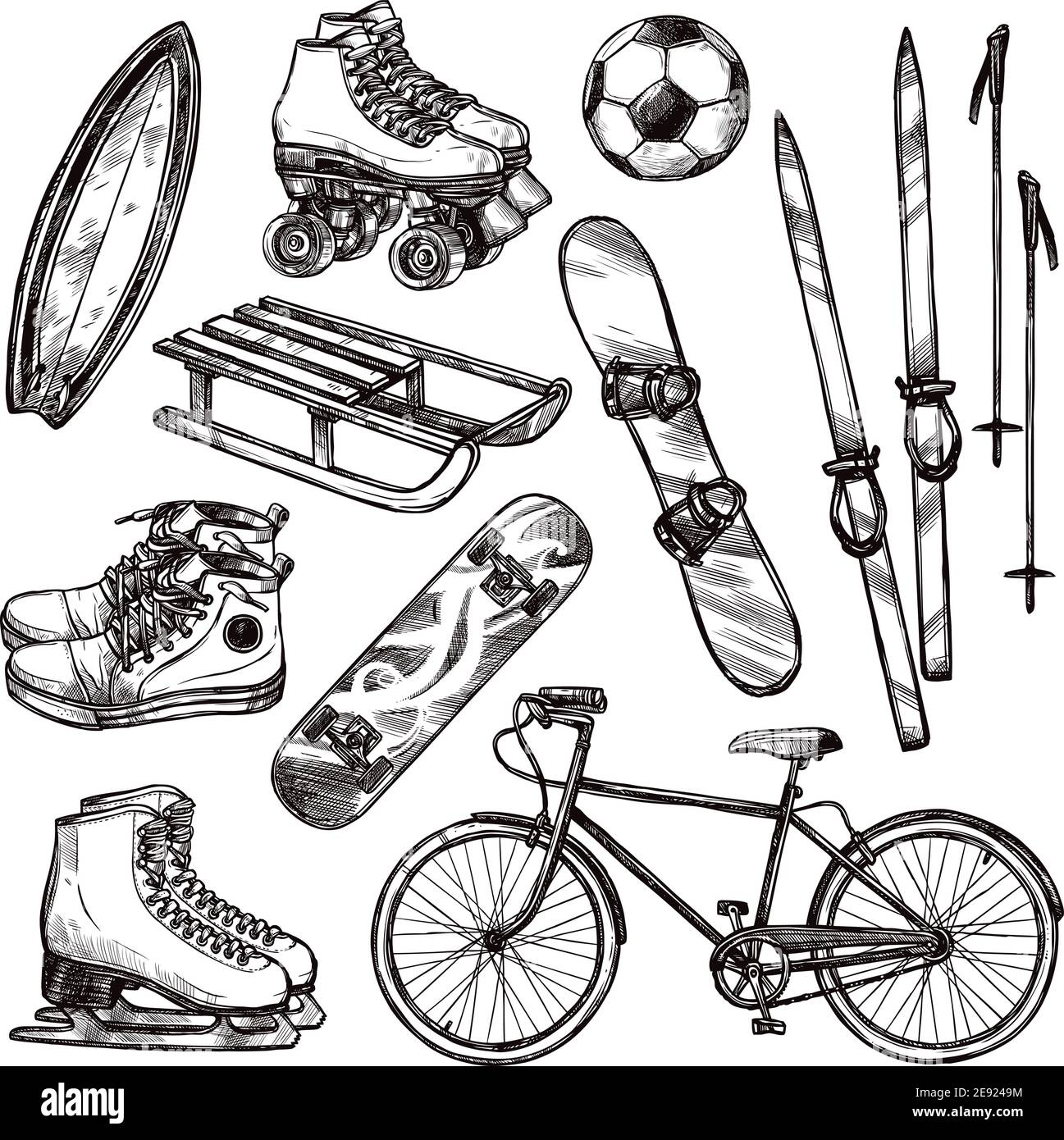 Winter and summer sport equipment set with hand drawn soccer ball bicycle  and roller skates isolated vector illustration Stock Vector Image & Art -  Alamy