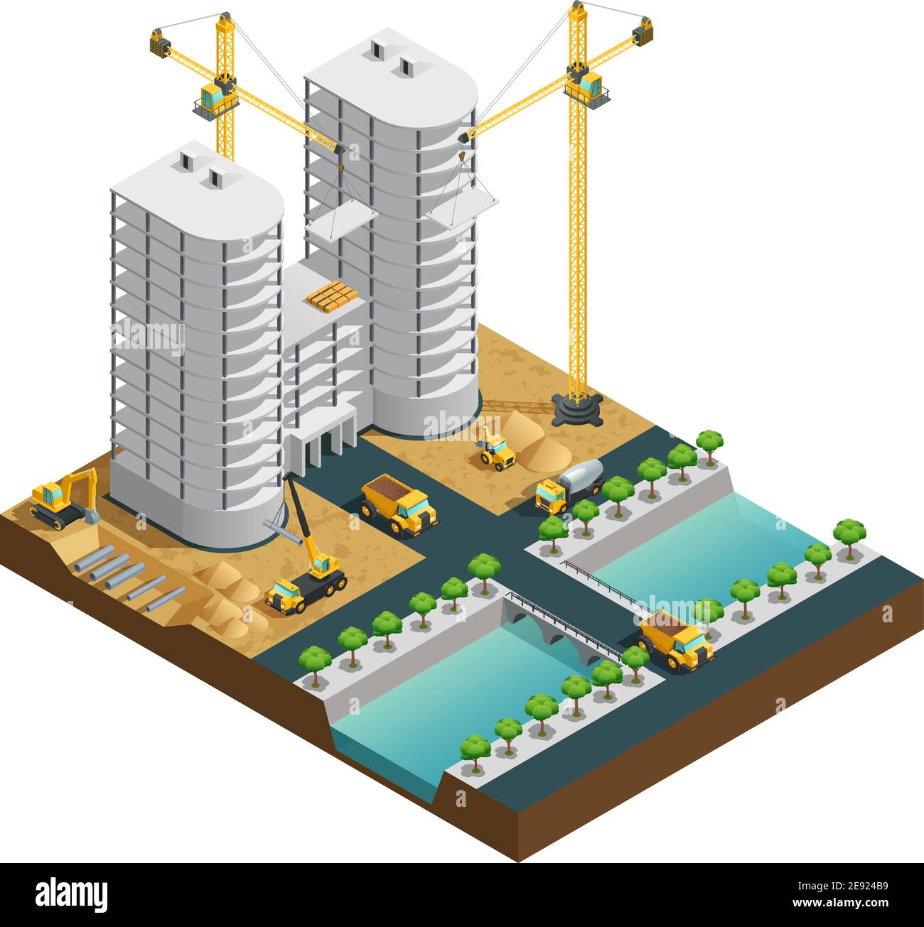 Construction process of many storeyed modern building near canal ...