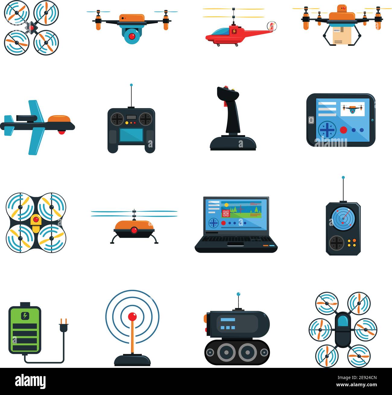 Drones icons set with laptop helicopter and plane flat isolated vector ...