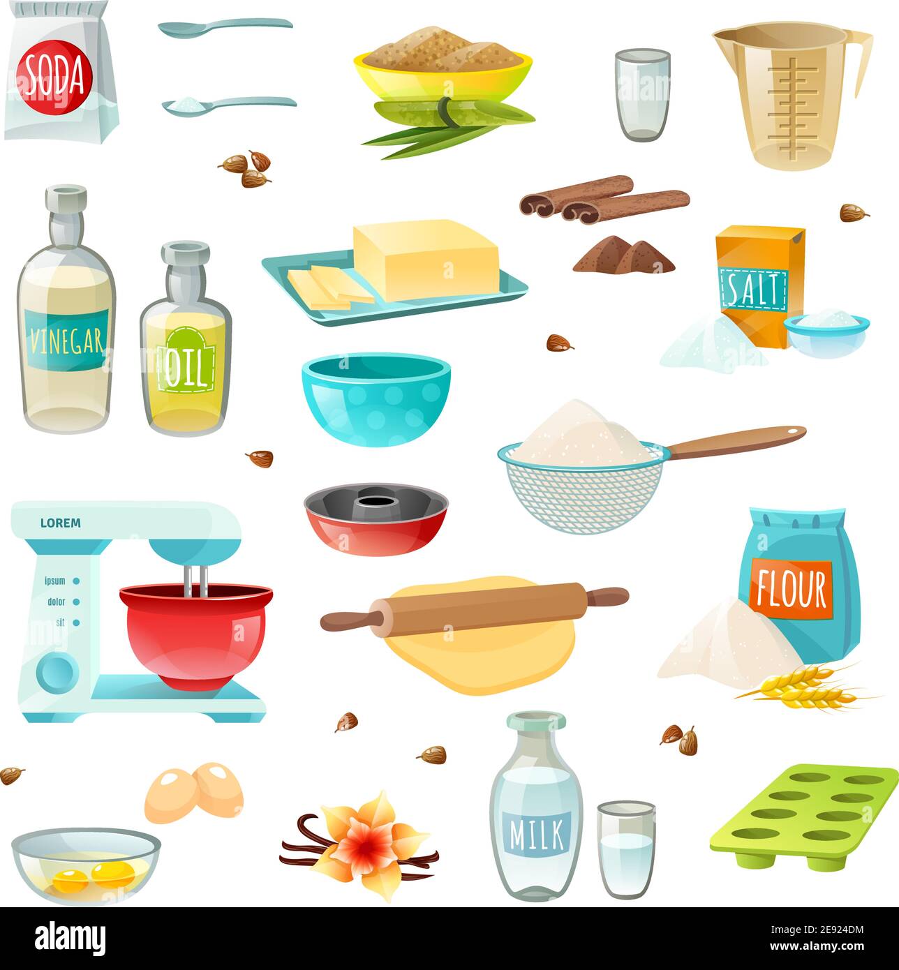 Baking ingredients colored isolated icons set with flour sugar salt