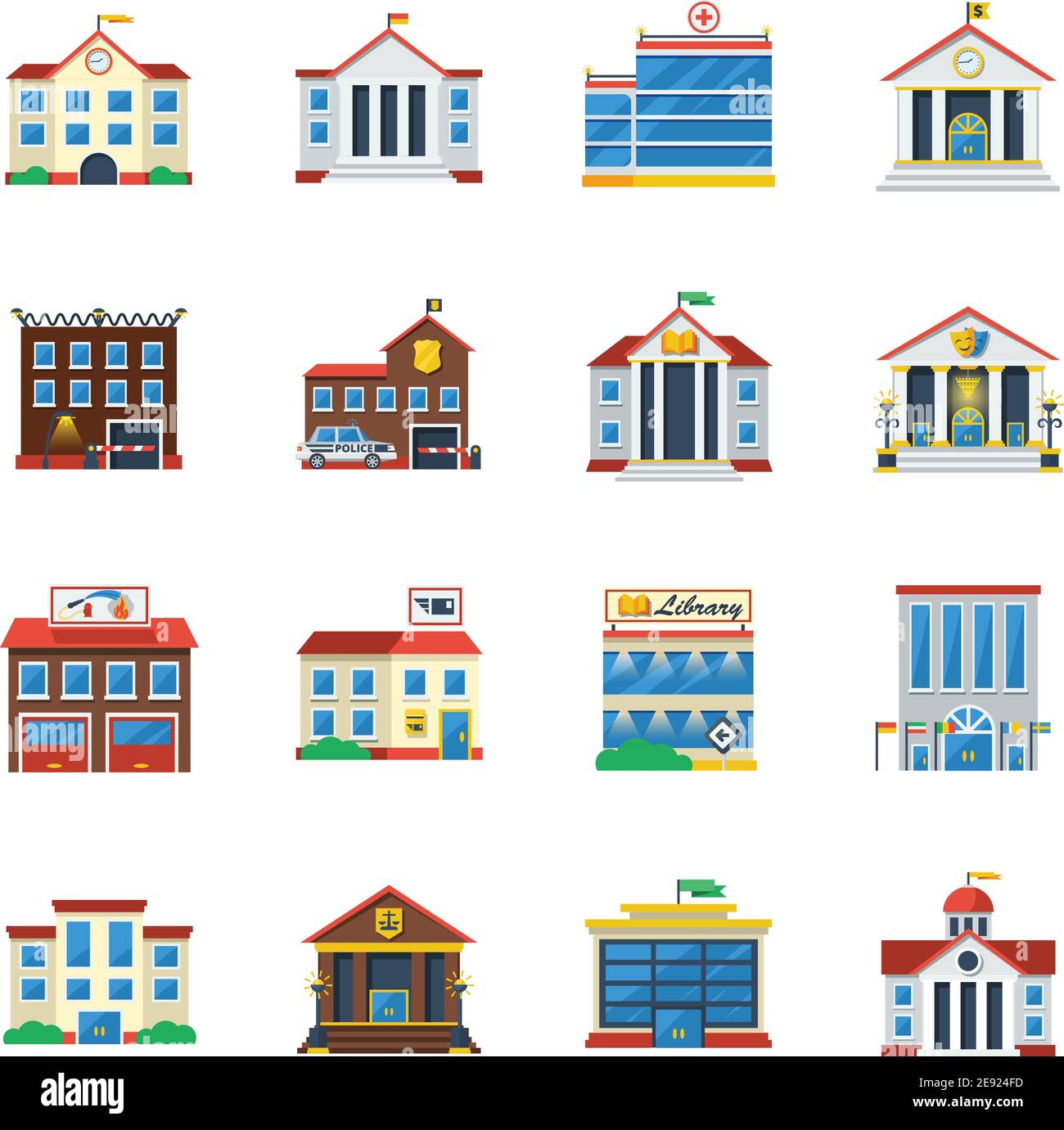 Government buildings flat color icon set of theatre restaurant hospital museum isolated vector illustration Stock Vector