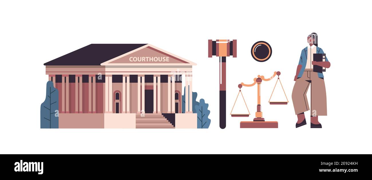 law and justice set female lawyer and courthouse govel scales icons collection horizontal full length isolated vector illustration Stock Vector