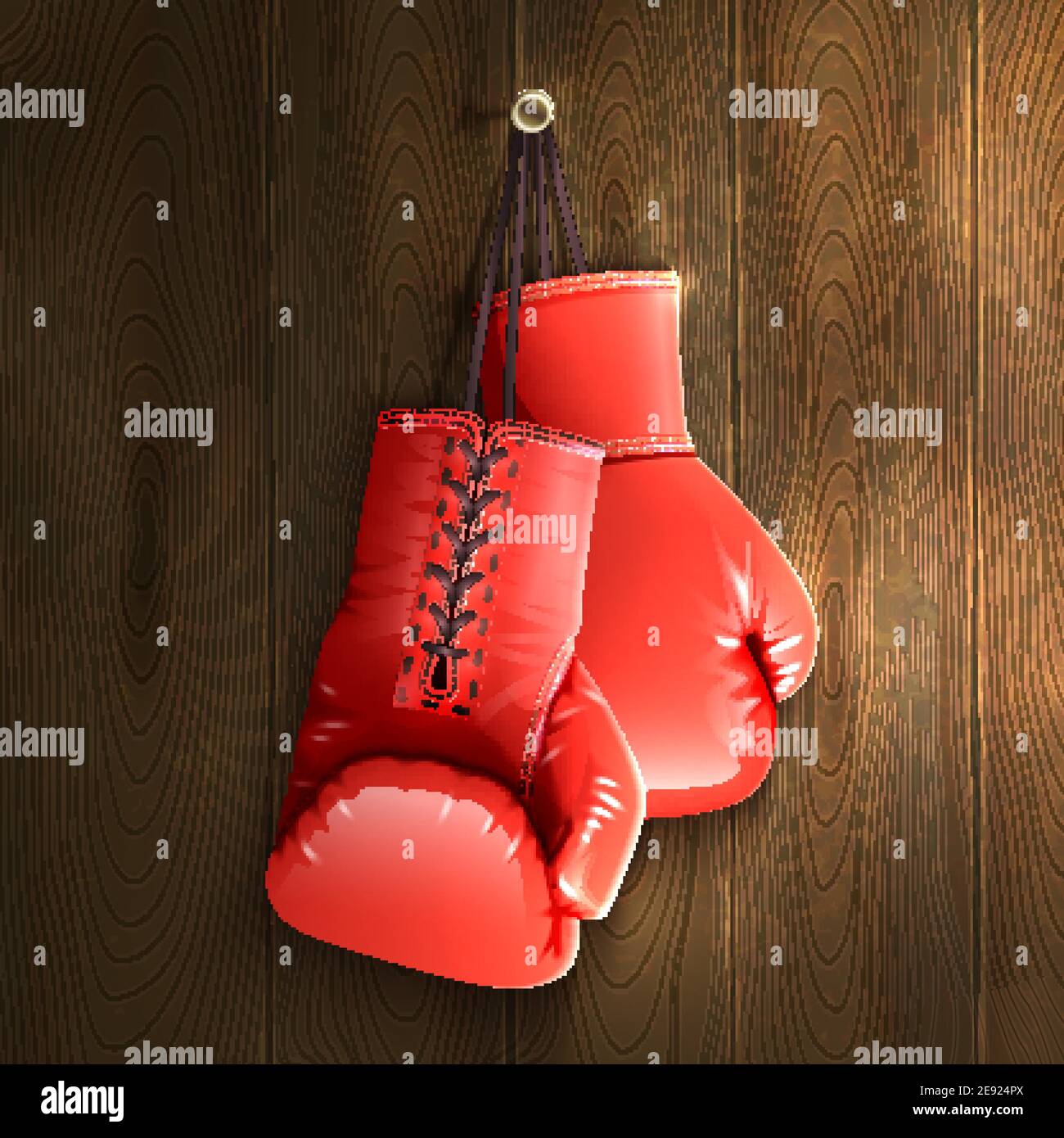 Red realistic boxing gloves hanging on wooden wall vector illustration Stock Vector Image & Art