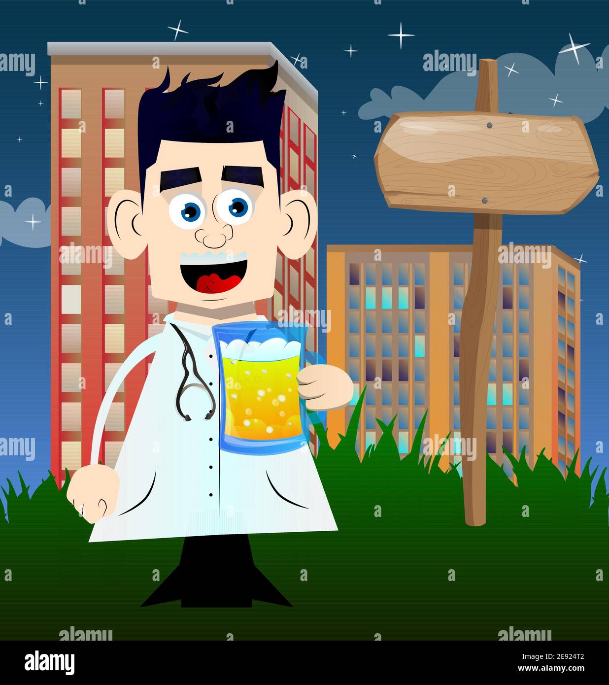 Funny cartoon doctor drinking beer. Vector illustration. Relaxing health  care worker Stock Vector Image & Art - Alamy