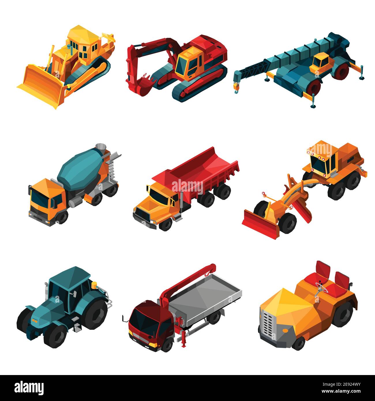 Isometric construction machines set with low poly bulldozer tractor and ...
