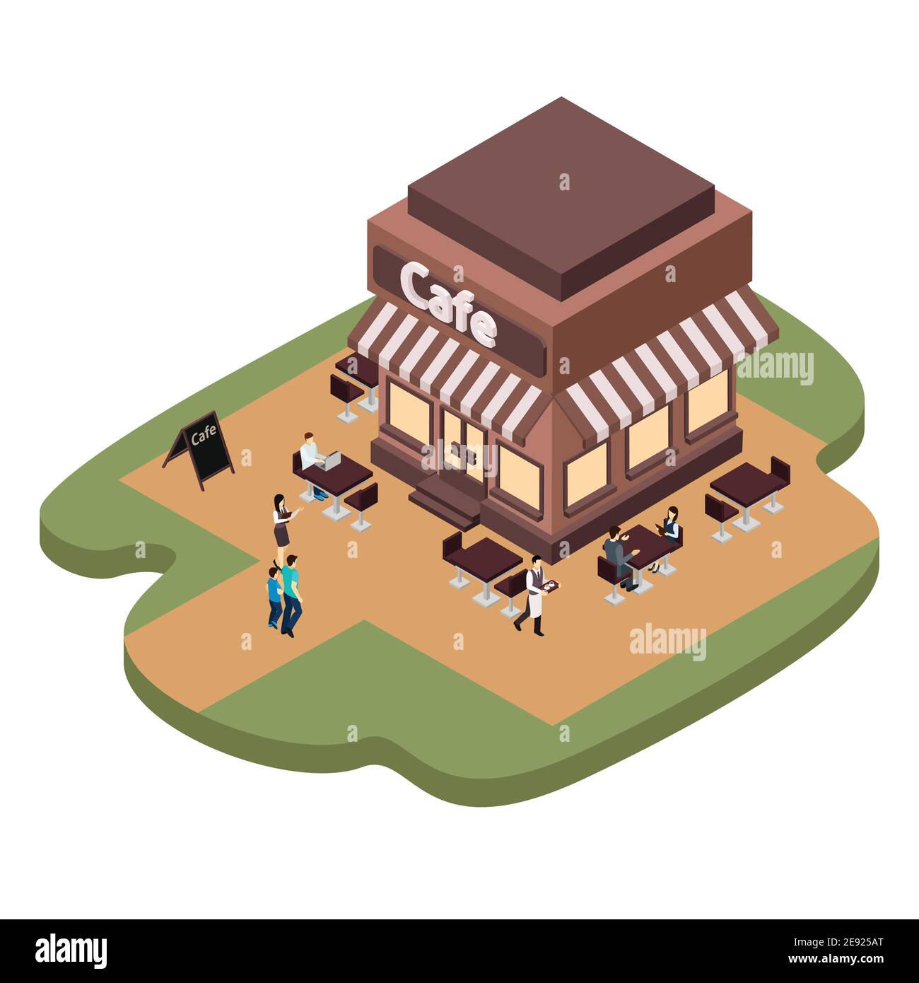 Cafe building with waitresses serving coffee for people isometric vector illustration Stock Vector