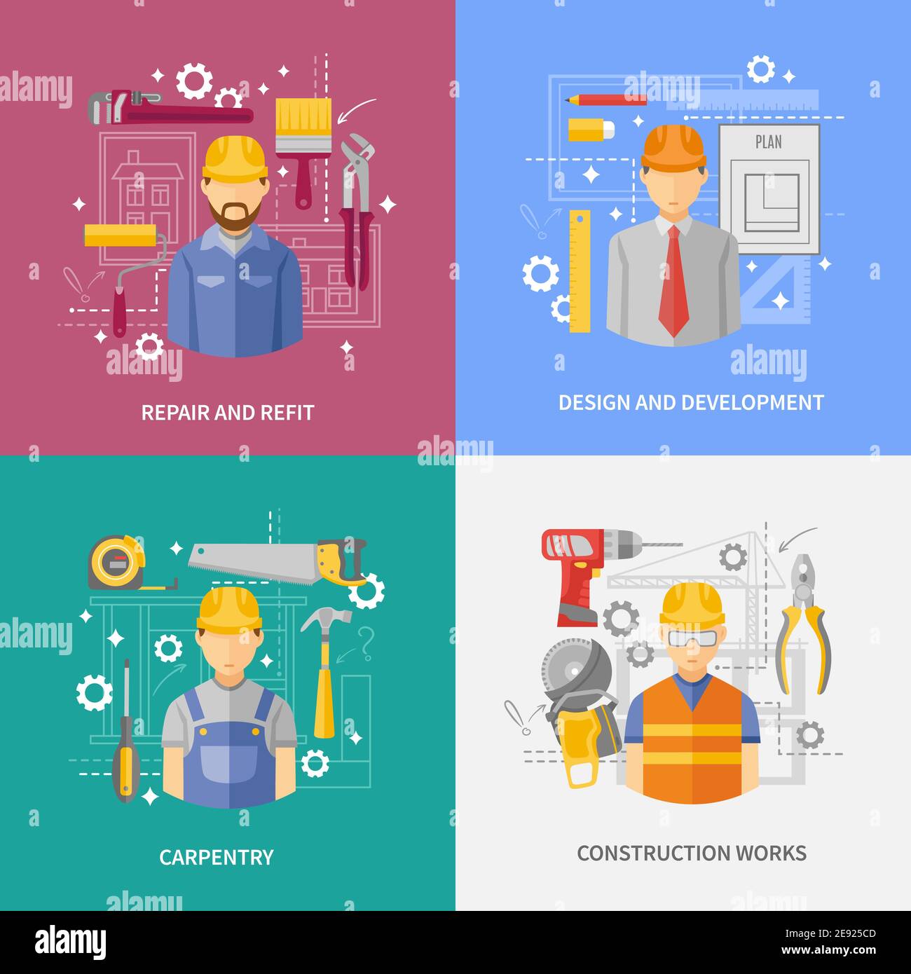 Development and design concept of construction works 4 flat icons ...