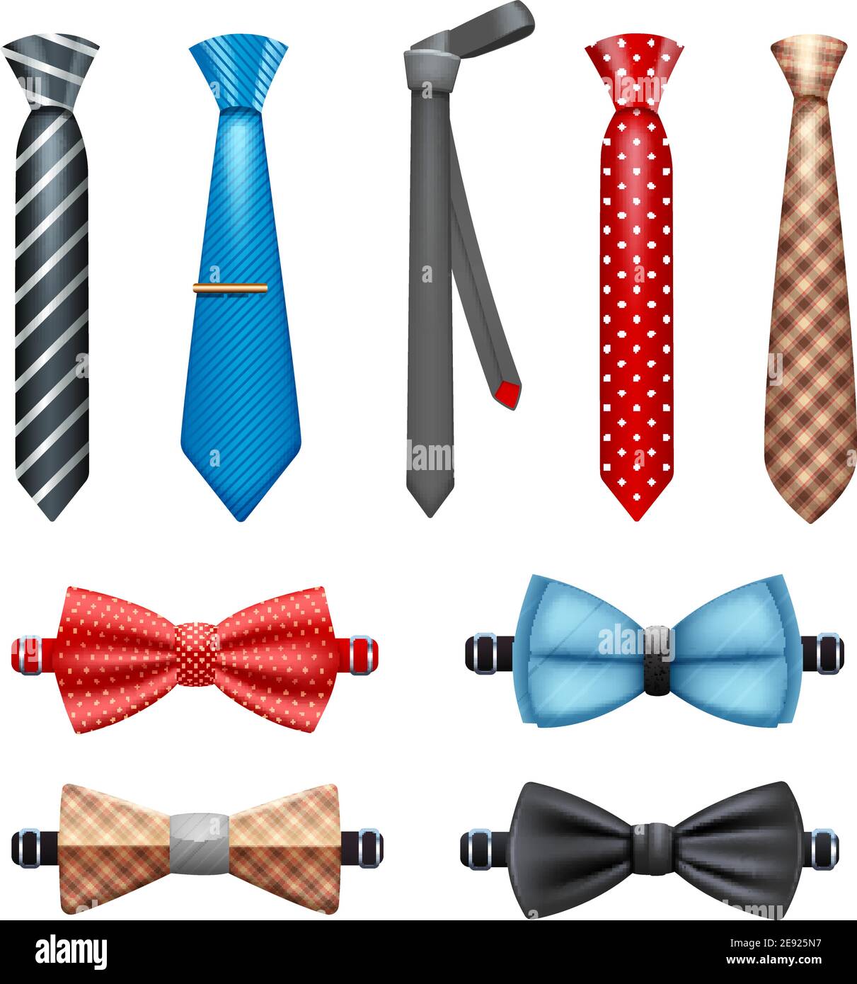 Tie and bow tie realistic set in different shapes and colors isolated vector illustration Stock Vector