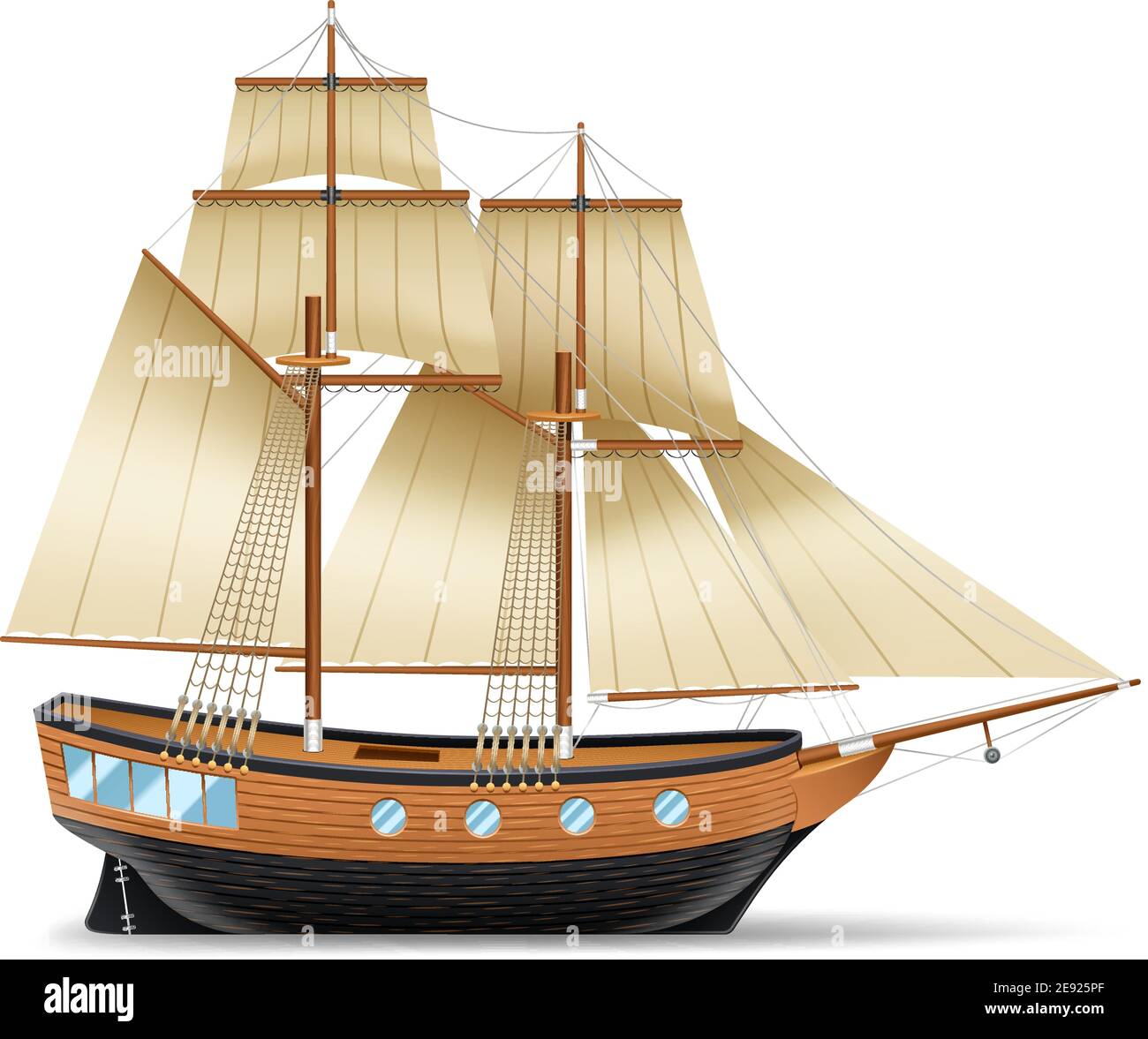 Wooden sailing ship with two masts square and gaff sails realistic vector illustration Stock Vector