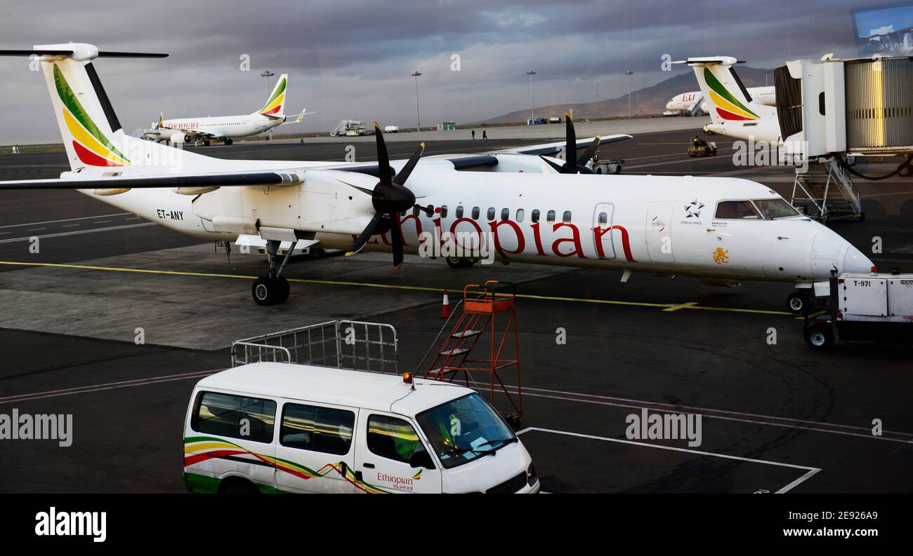 An Ethiopian airlines Bombardier 400 aircraft. Stock Photo