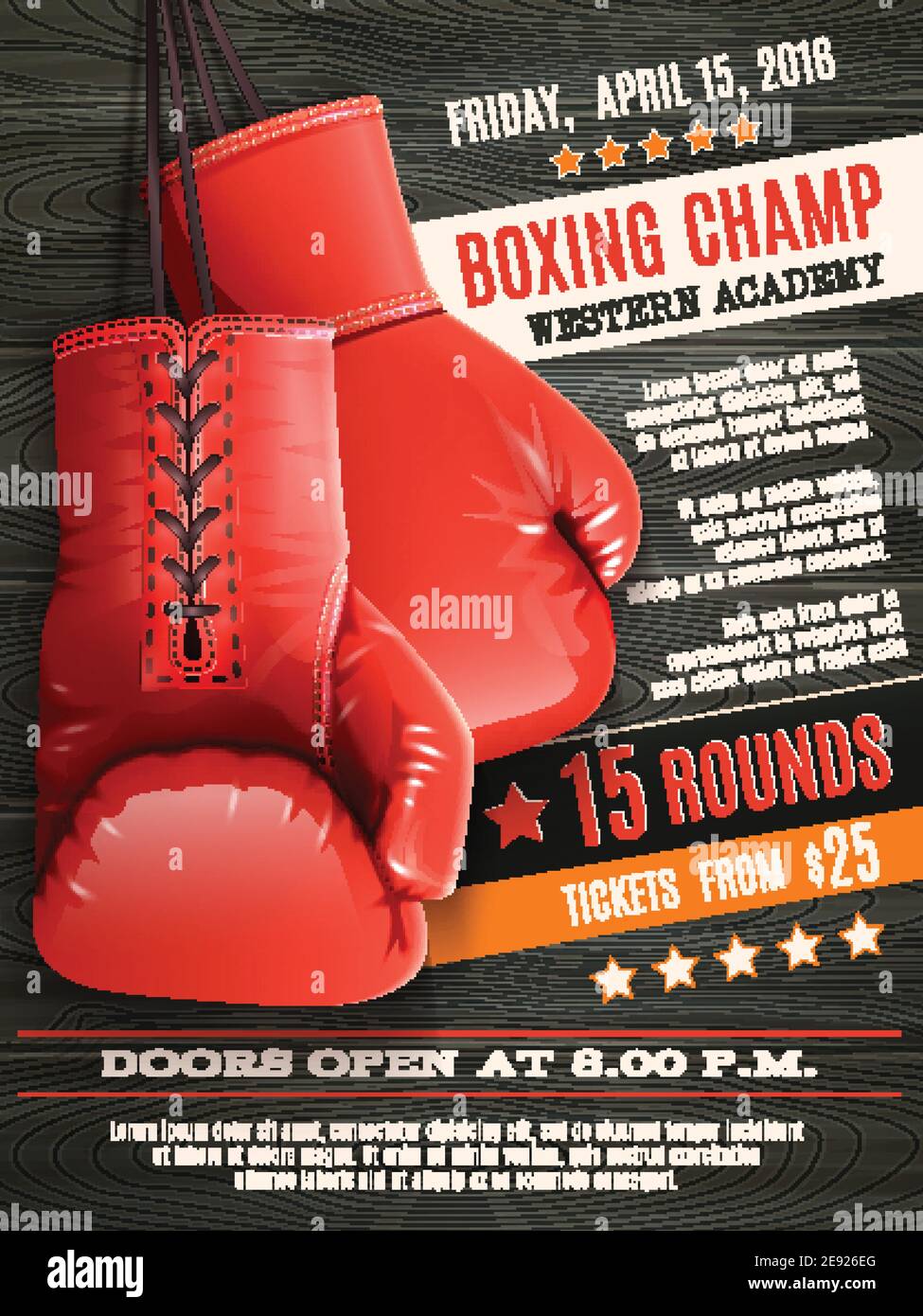 Boxing champ poster with realistic red gloves on wooden background vector illustration Stock Vector