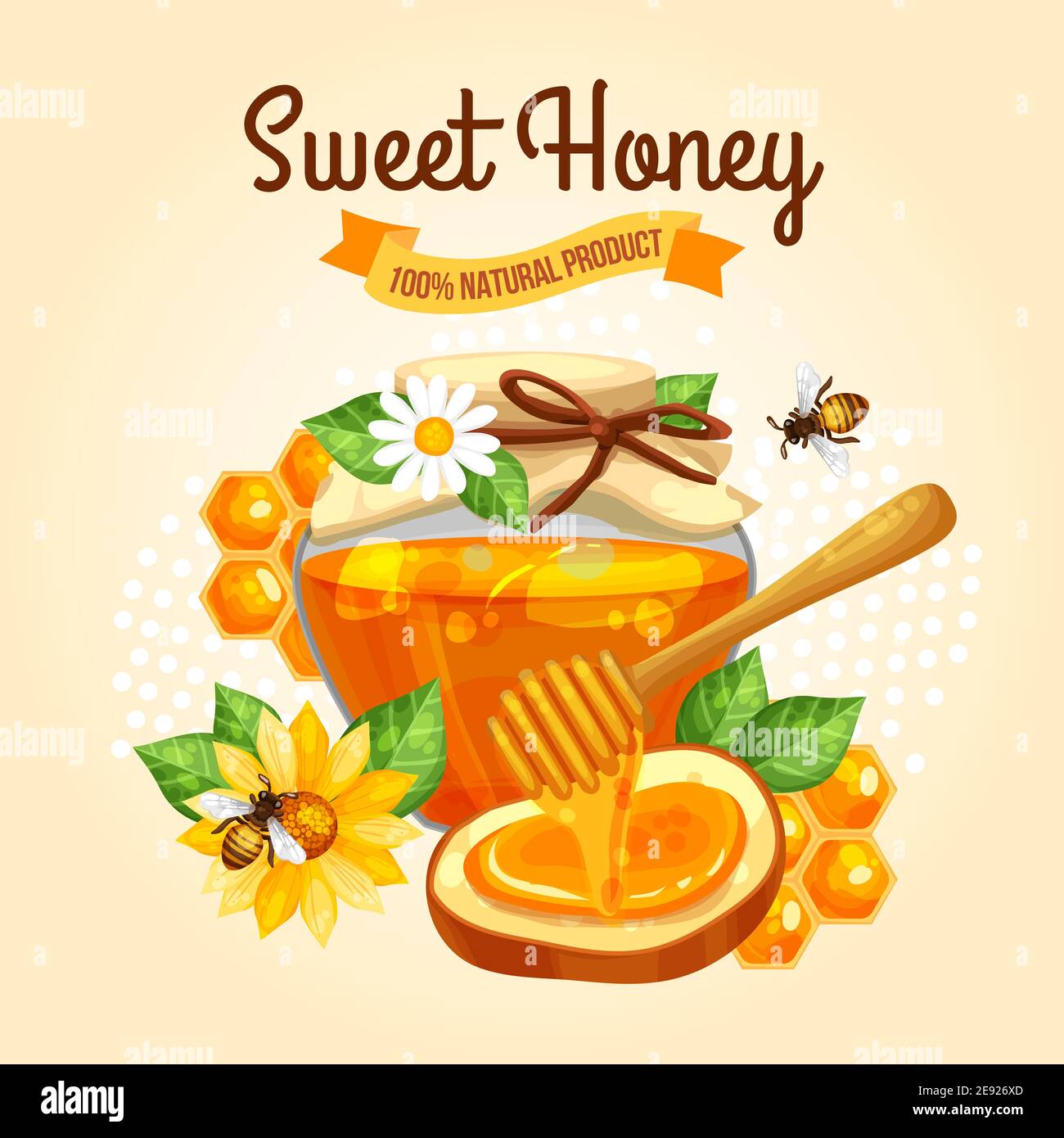 Sweet Honey poster with bees jar and yellow flowers on beige background ...