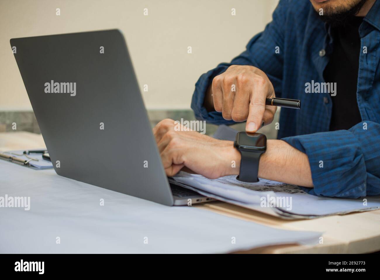 Someone Using A Smart Watch people use smart watch technology in daily lifestyle , Hand touch on ...