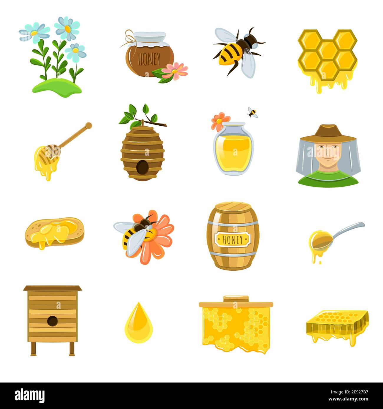 Honey icons set with bees flowers and ready product flat isolated ...