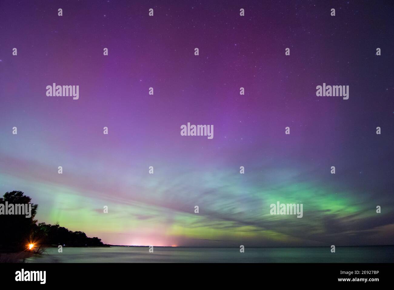 Northern Lights, Aurora Borealis displaying over Lake Michigan Stock