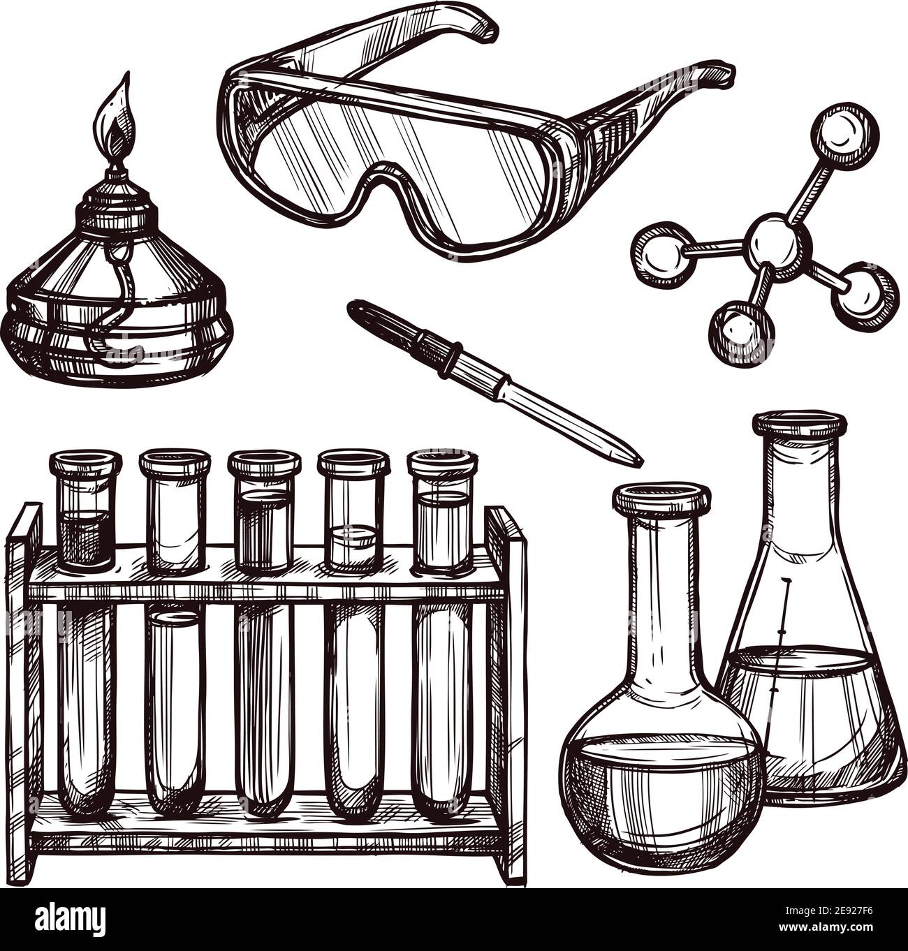 Chemistry laboratory tools and devices black and white sketch hand drawn decorative icon set