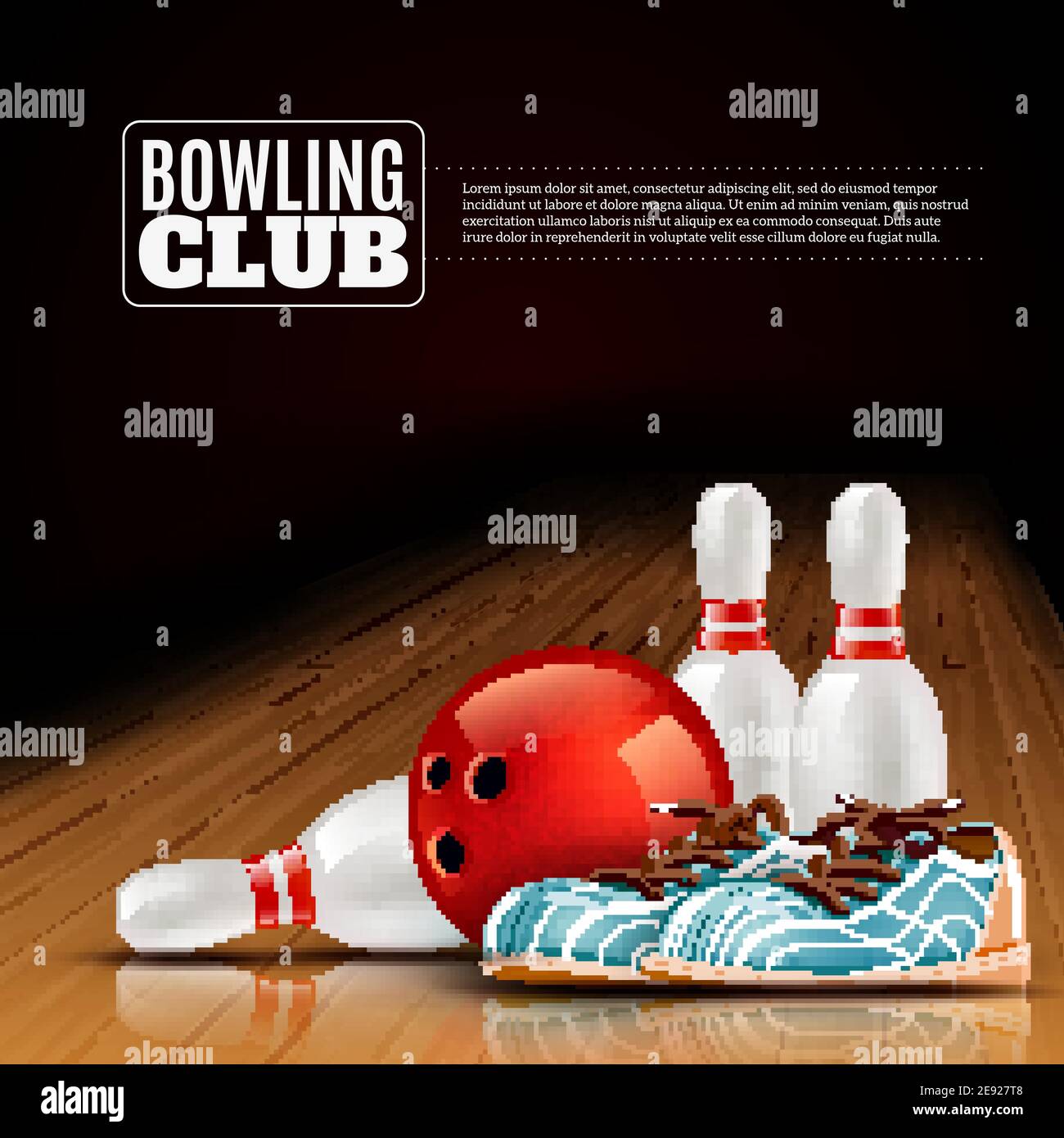 Indoor bowls club poster for members and visitors with shoes ball and pins realistic colorful vector illustration Stock Vector