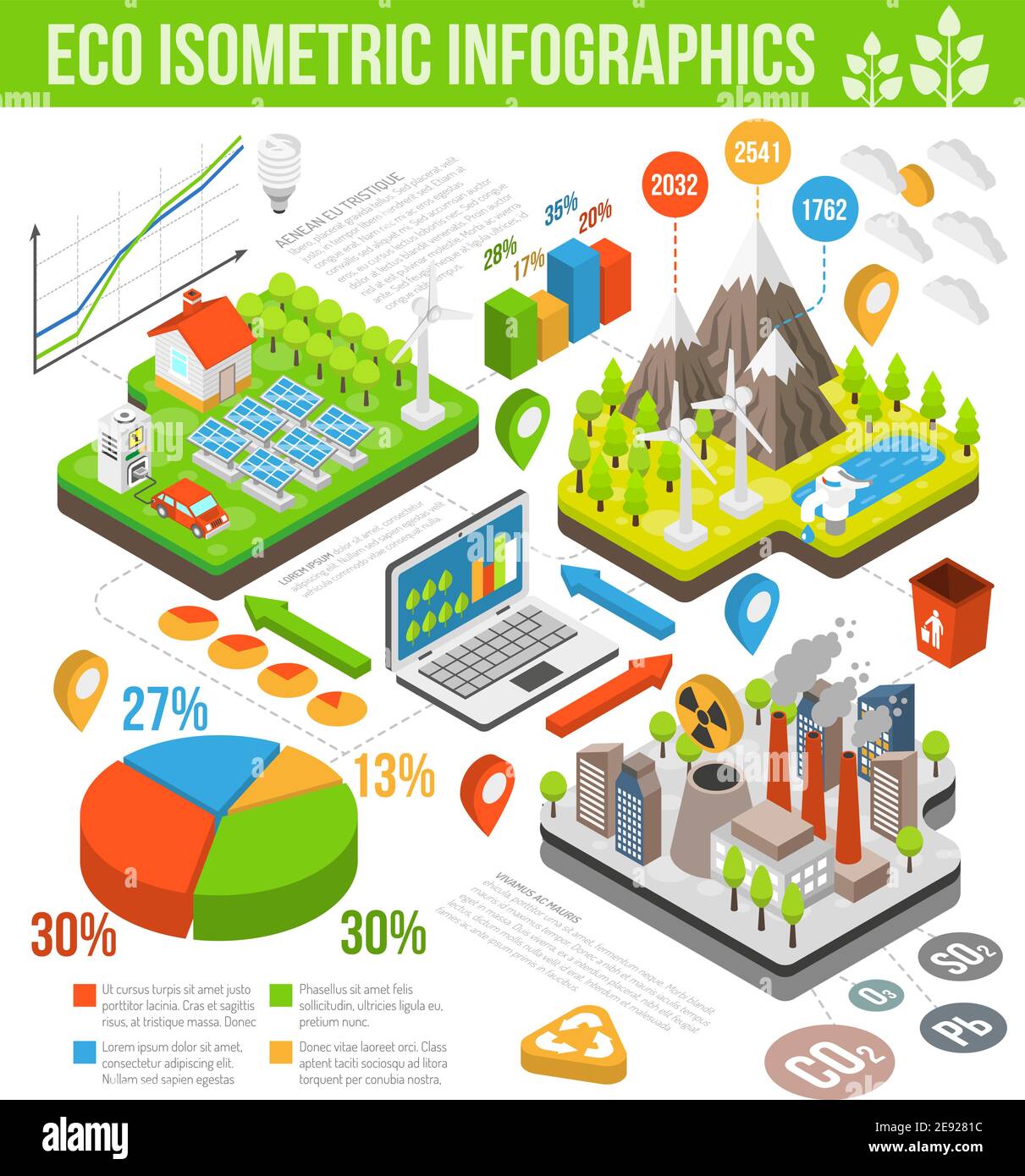 Eco isometric infographics with wind turbines solar panels electricity ...