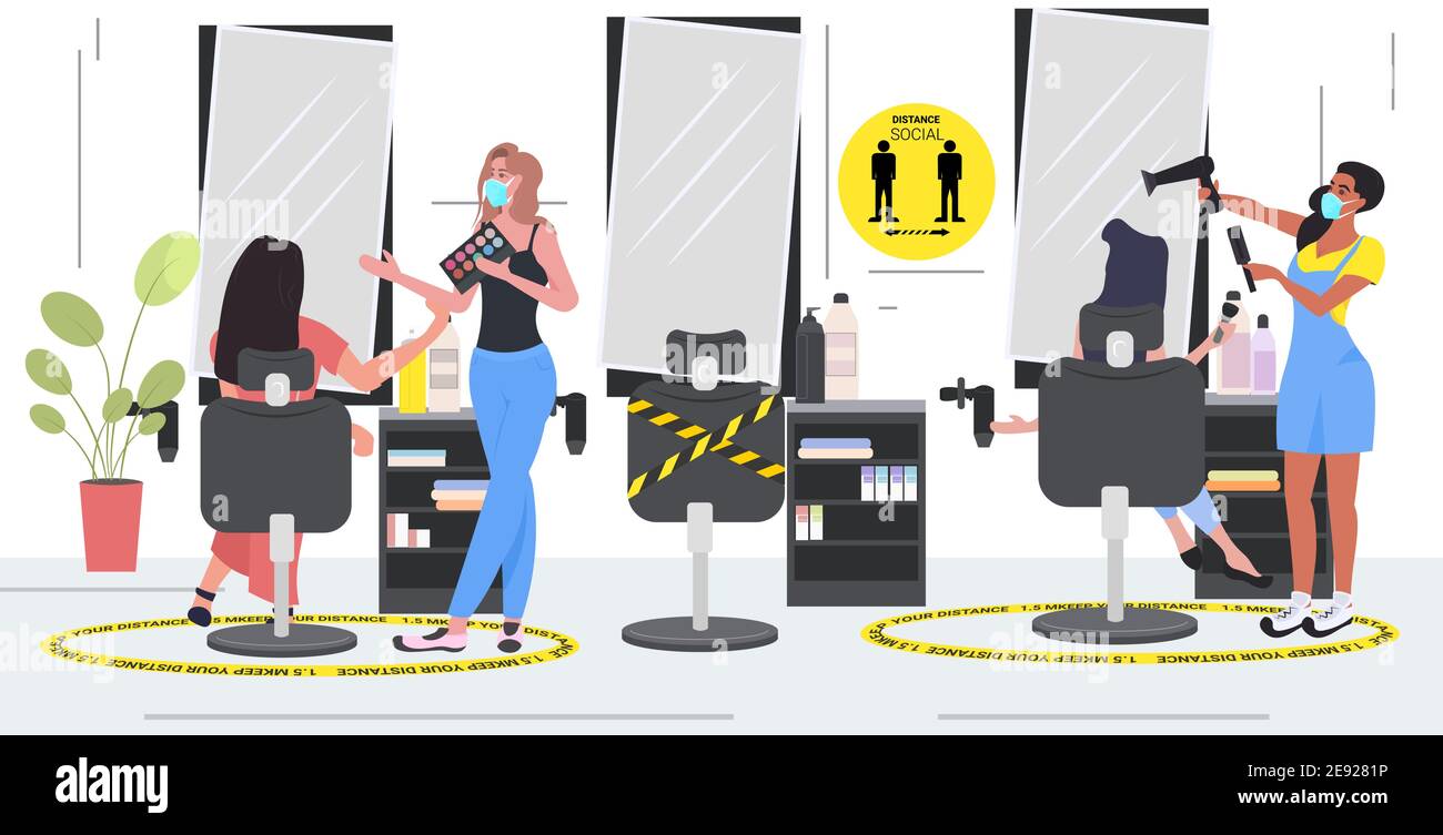 hairdressers in masks making hair style to clients keeping distance to