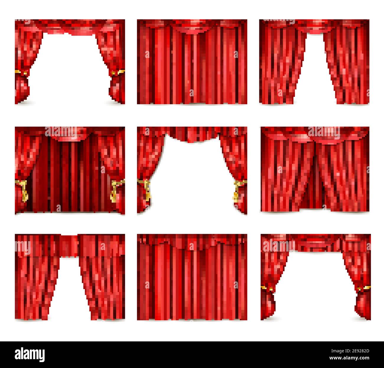 Different models of red theatre curtain icons set realistic isolated vector illustration Stock Vector