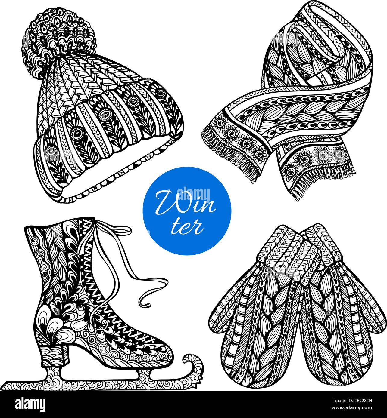Winter knitted  fashion accessories pictograms of hat mittens and scarf black doodle style abstract vector isolated illustration Stock Vector
