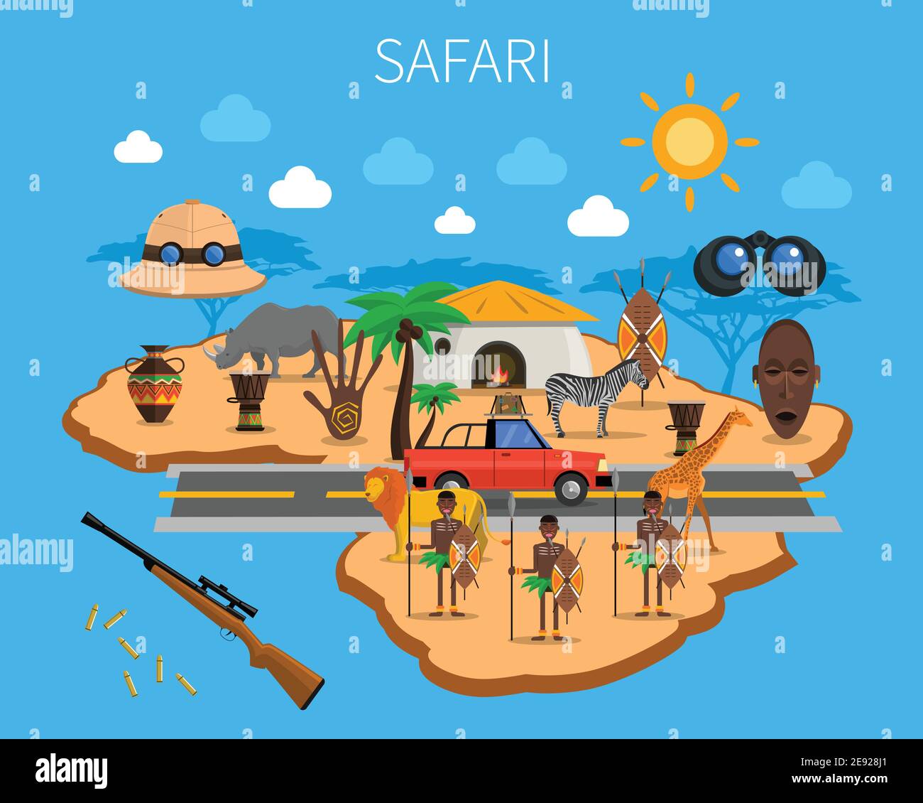 Safari concept with african continent map local tribes and animals vector illustration Stock Vector