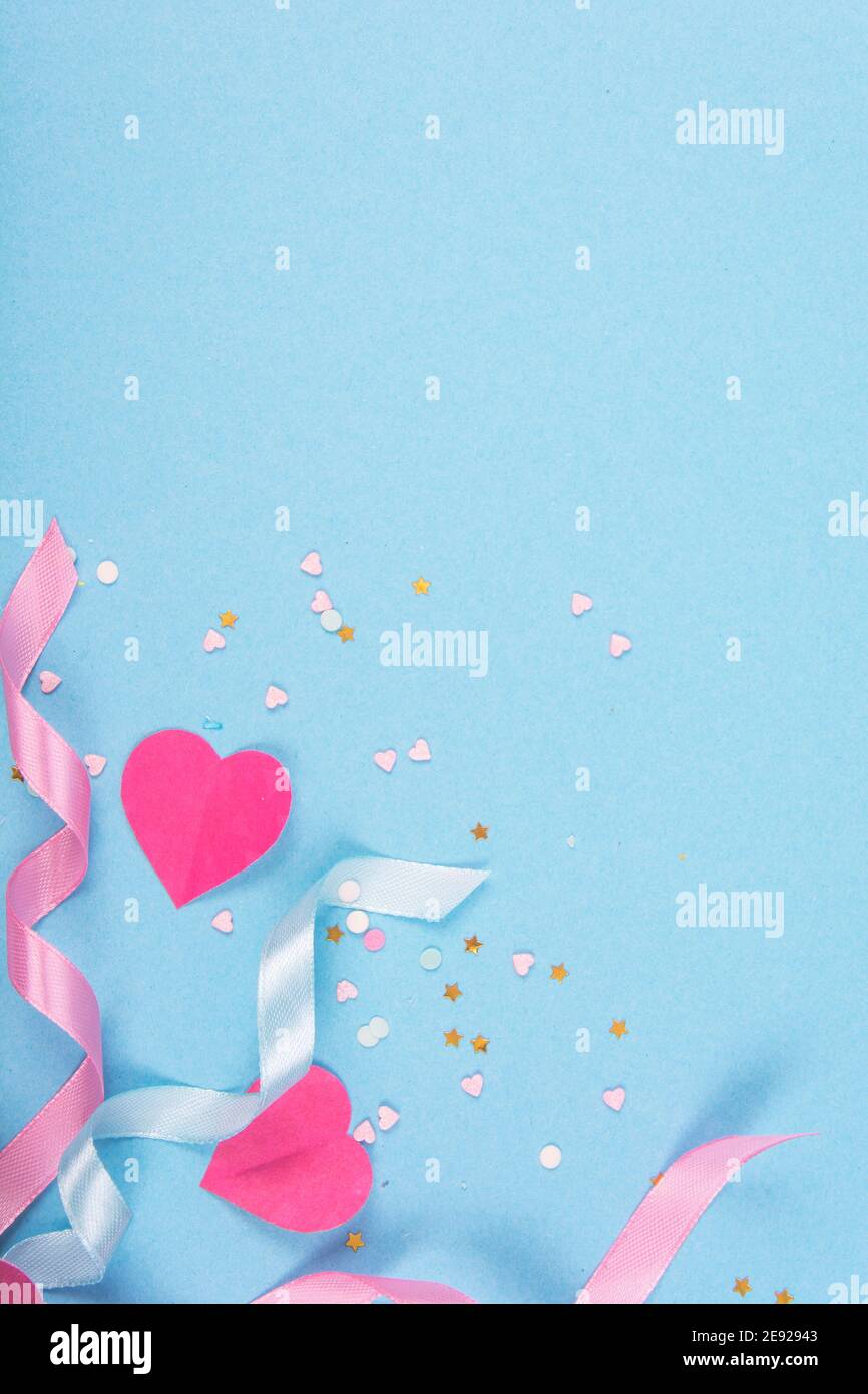 Abstract Background with Paper Hearts, ribbons for Valentine`s Day. Blue  Love and Feeling Background for poster, banner, post, card. Top view Stock  Photo - Alamy