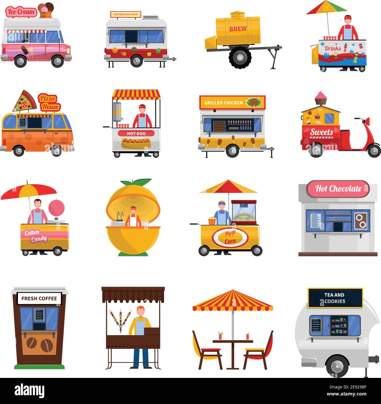 Street food icons set with hot dog grilled  chicken and fresh coffee symbols flat isolated vector illustration Stock Vector