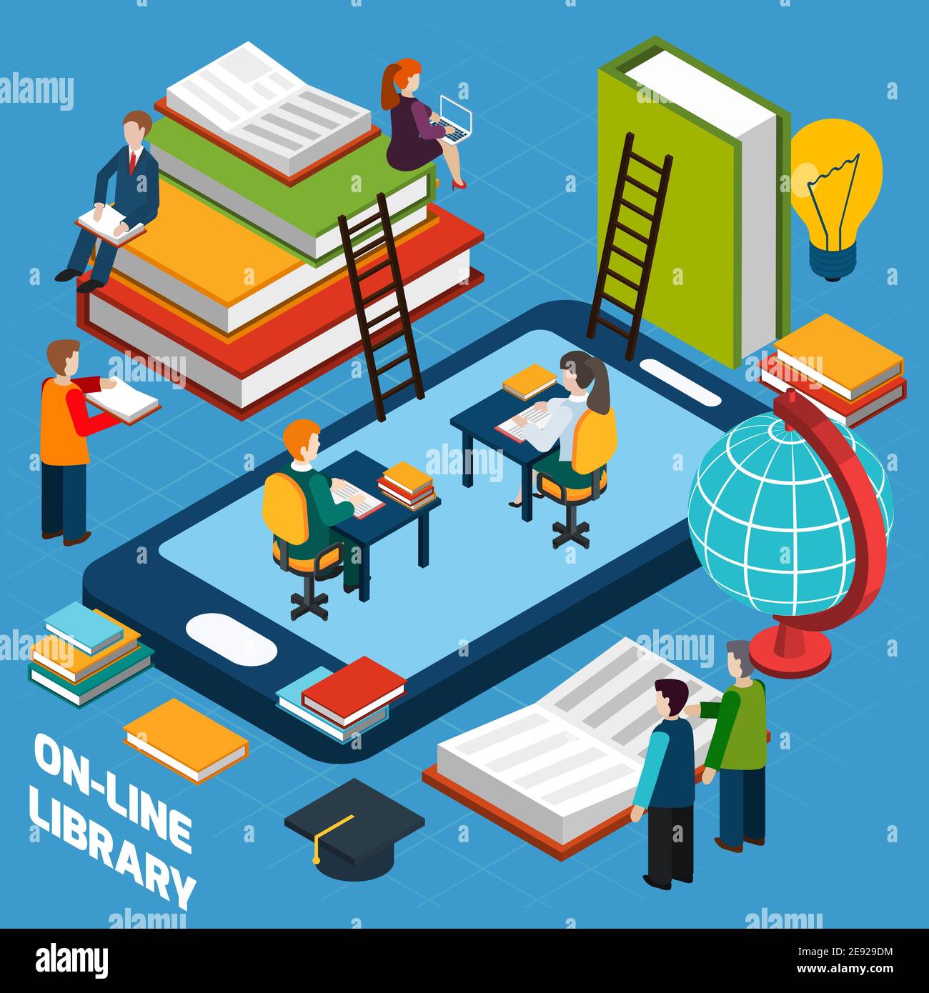 Online library isometric concept with mobile device and people reading