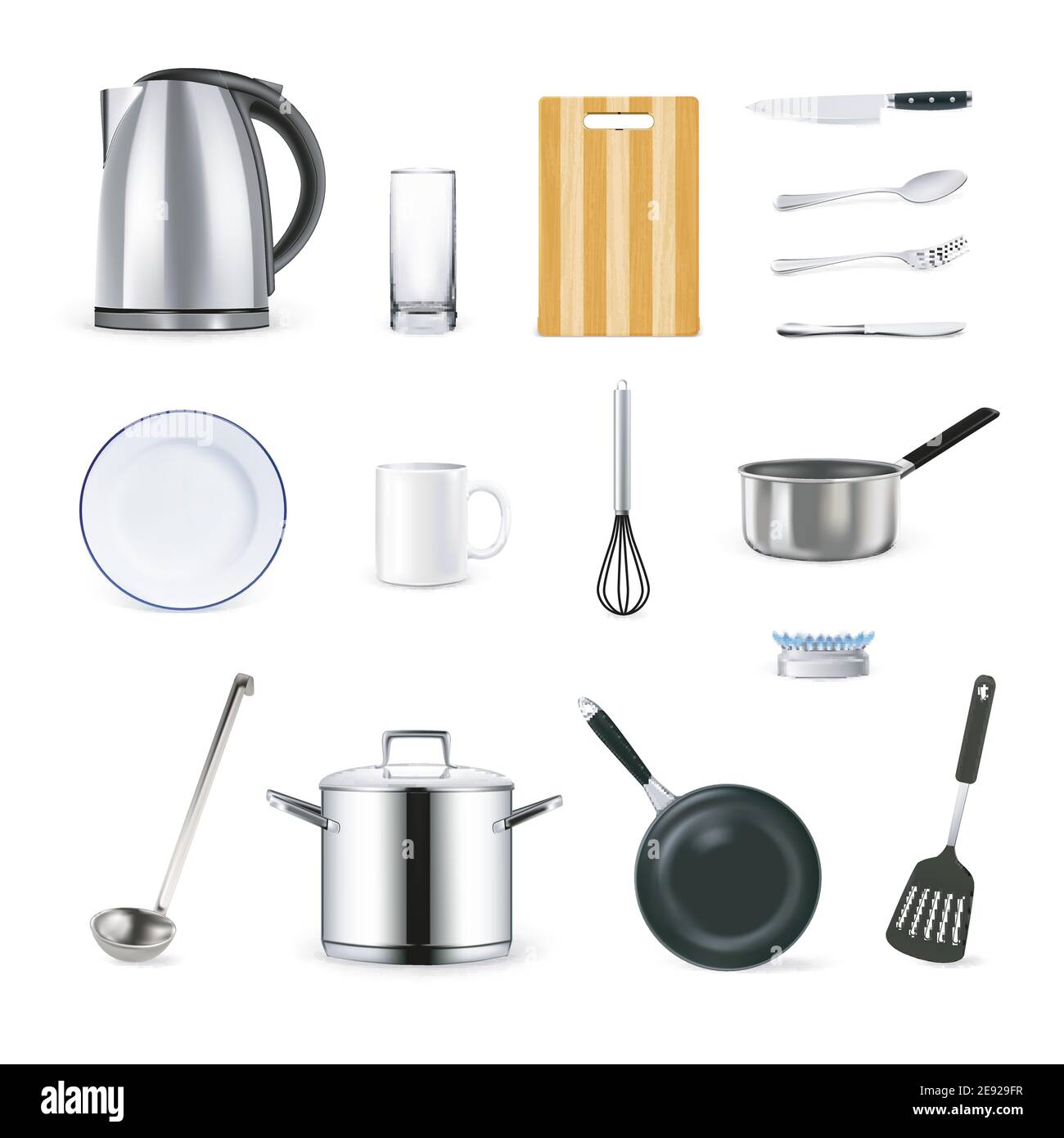 Realistic kitchen utensils icons set with cup plate ladle and teapot