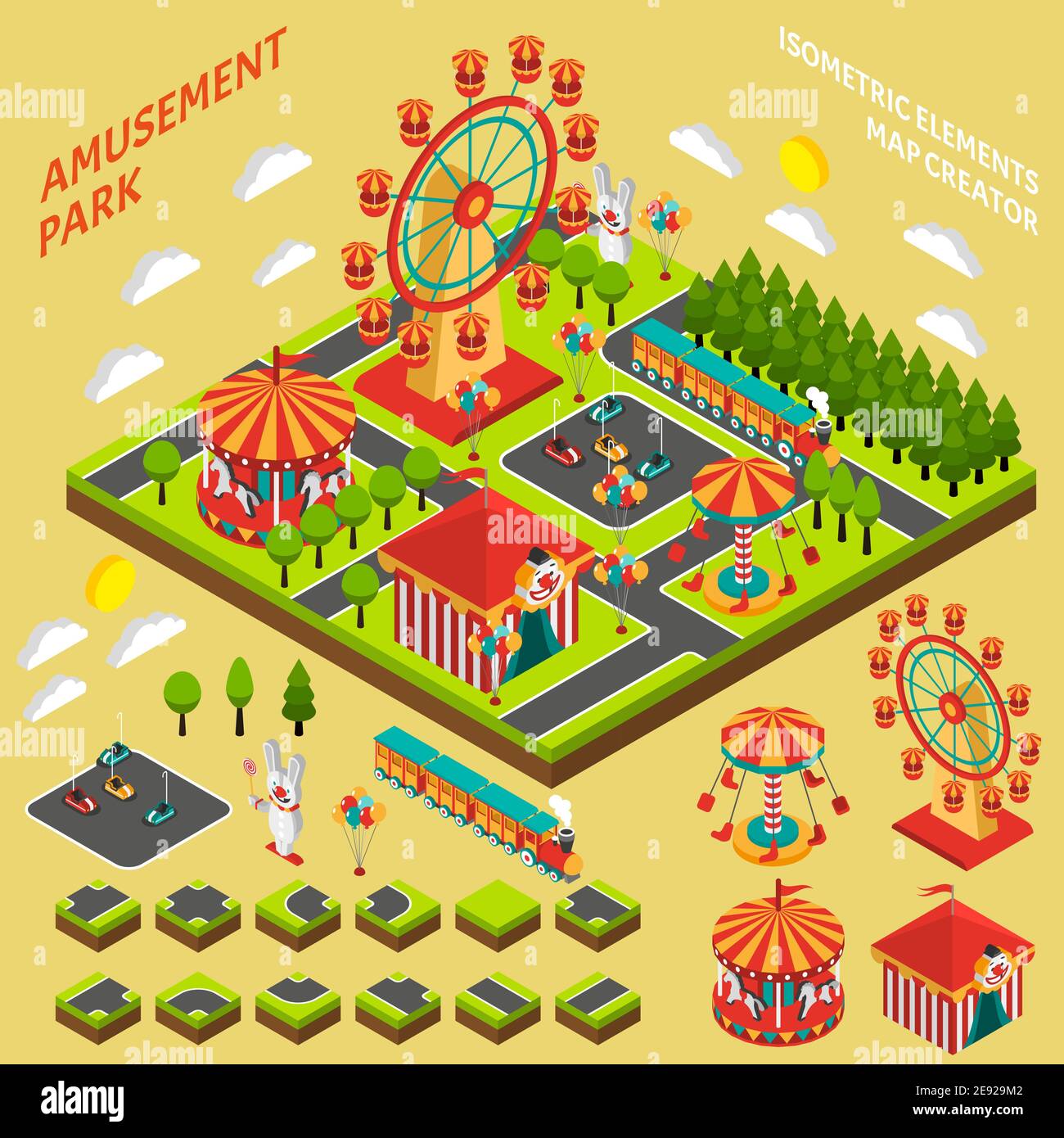 Amusement park attractions elements map creator isometric symbols for fairground composition banner abstract vector illustration Stock Vector