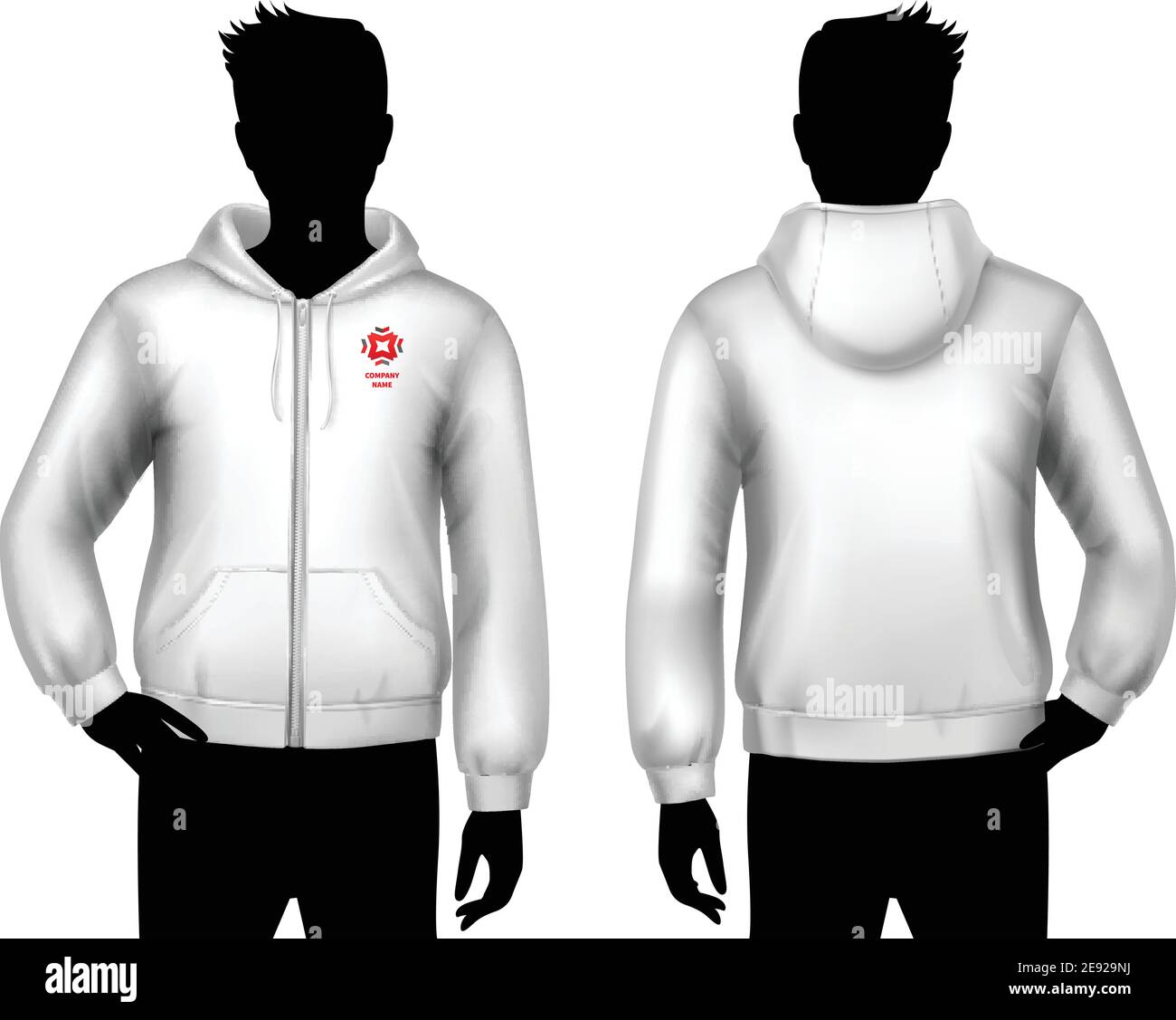 Male hooded sweatshirt realistic template with man body silhouettes in black and white colors isolated vector illustration Stock Vector