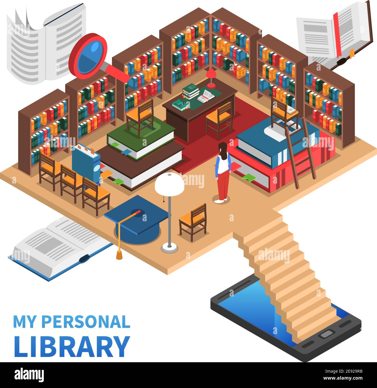Personal library isometric concept with lots of books and bookshelves vector illustration Stock