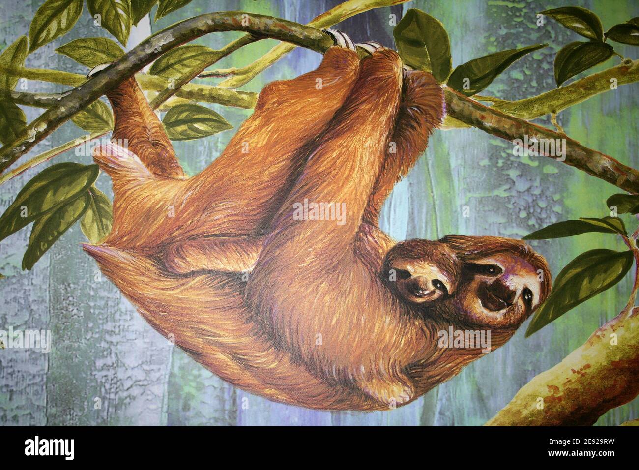 Painting Showing a Three-toed Sloth Mother and Baby Stock Photo