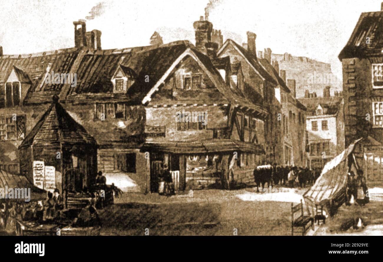 An old late c1700's painting of  Scarborough, North Yorkshire, UK, showing a scene of the market place near the present market hall. The conical building is thought to be the  market booth where the market insector would supervise the  stall holders and collect their fees. A sign can be seen on the building in the centre advertising 'Cass - Butcher' Whilst a drover is leading his cattlen through the streets. The castle hill and walls can be sen in the distance. Stock Photo