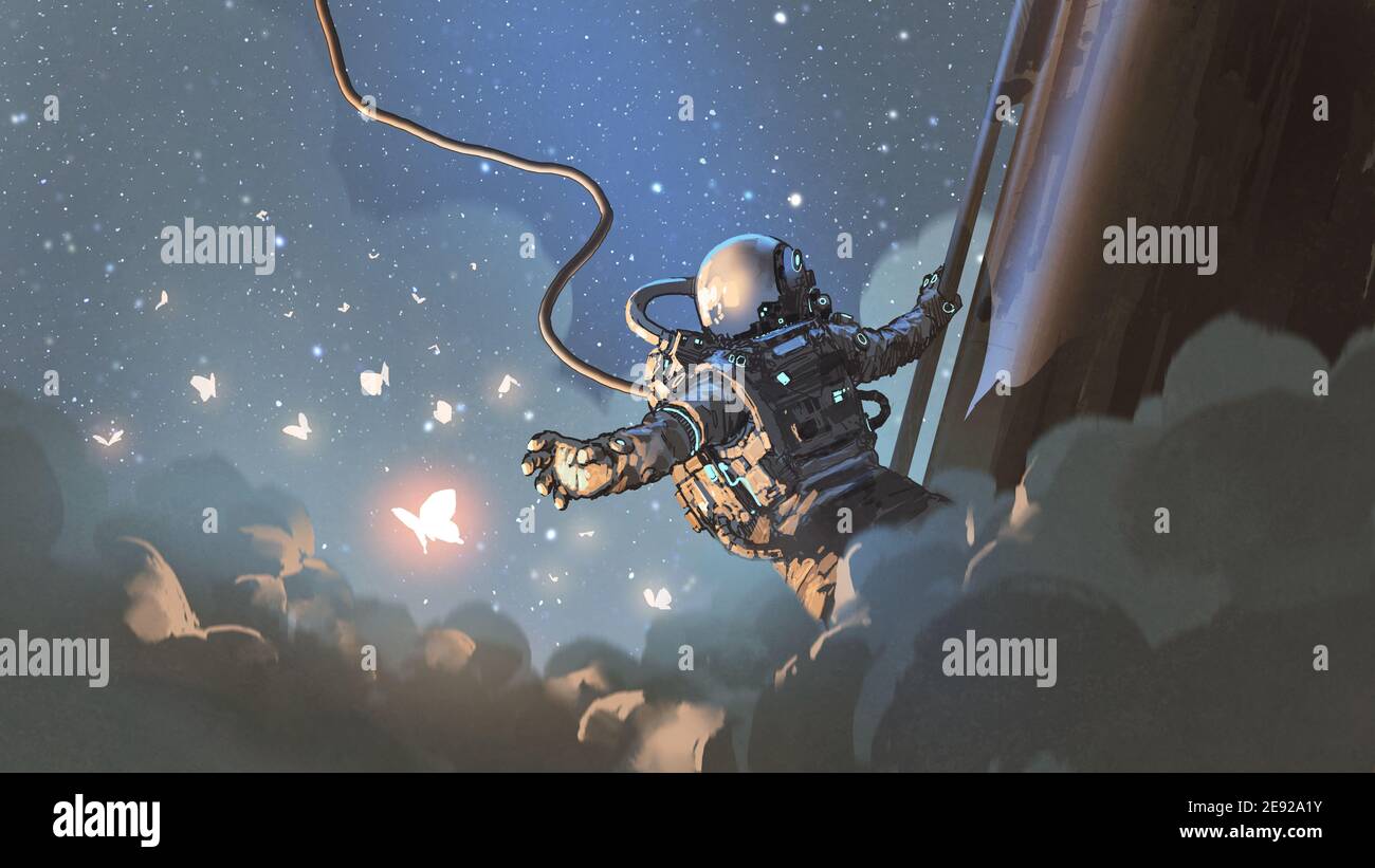 The astronaut reaching out to catch the glowing butterfly in the sky, digital art style, illustration painting Stock Photo