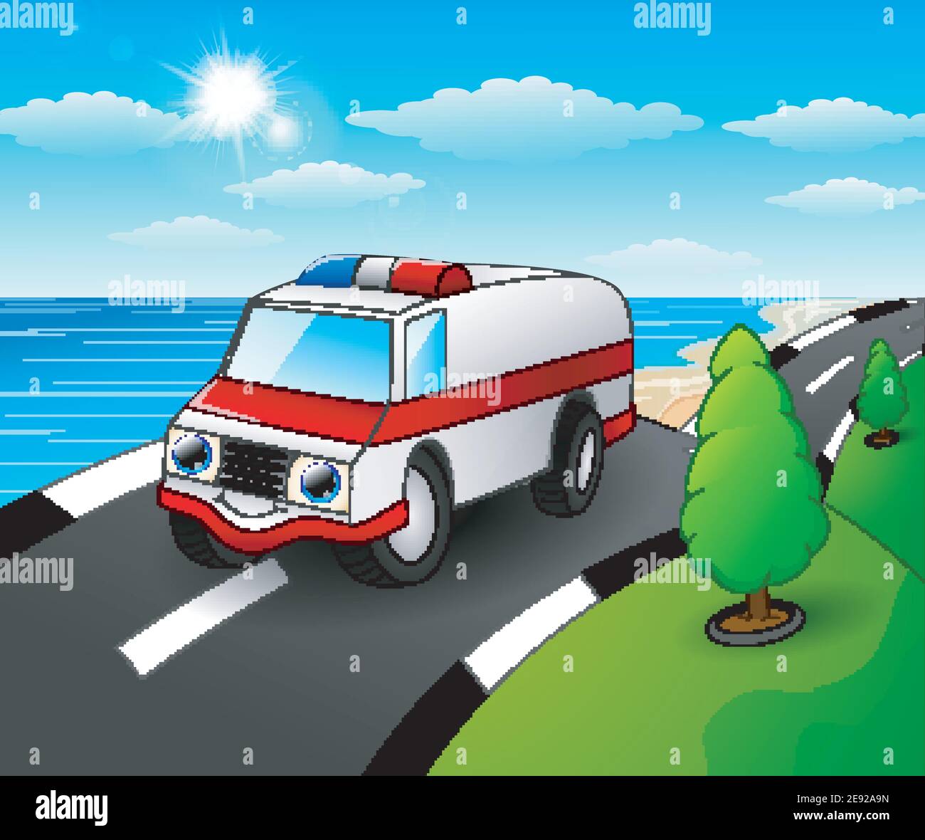 Vector illustration of Ambulance car cartoon in the seaside road Stock Vector