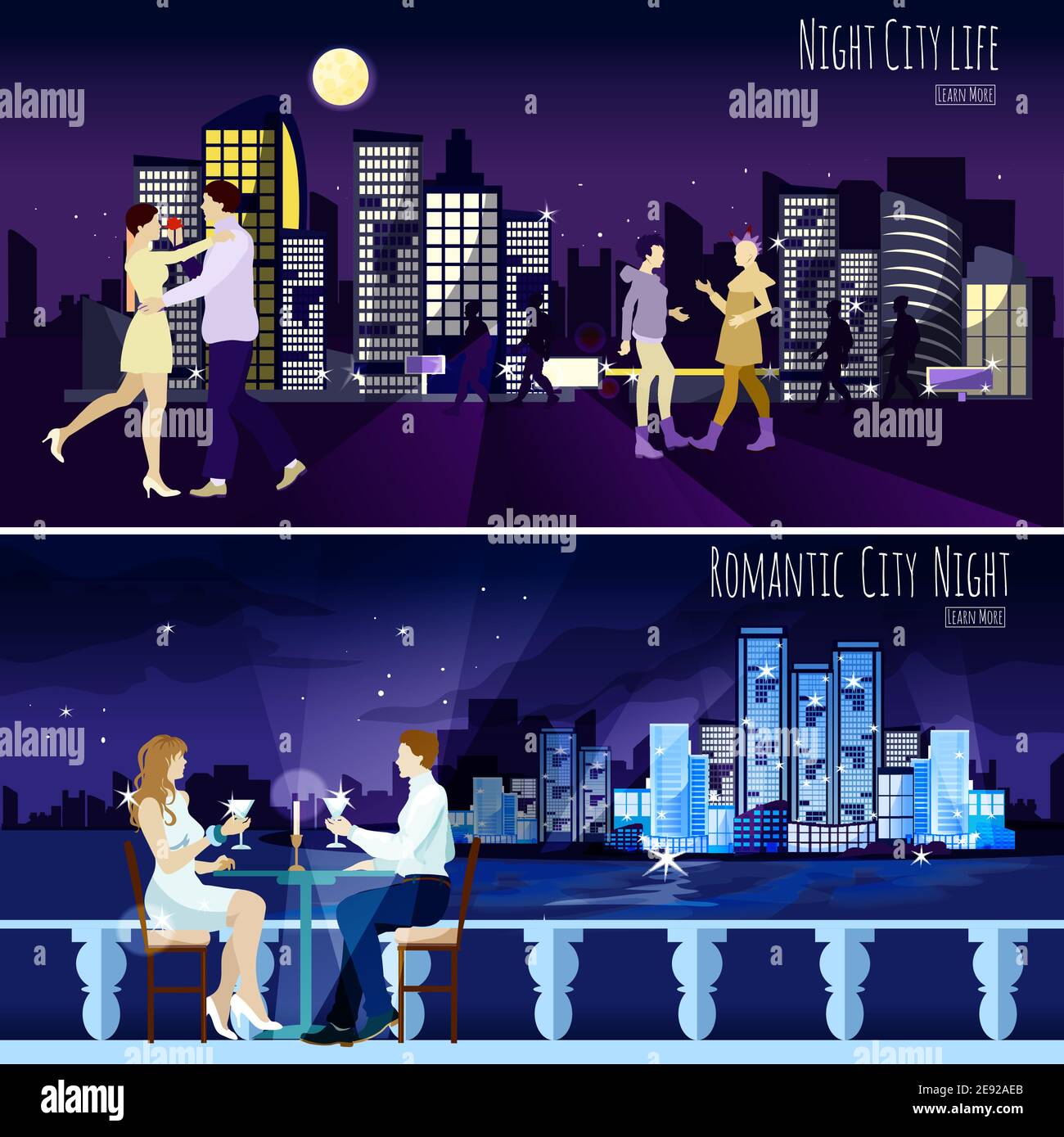 Late dating couple against modern city illuminated nightscape background 2 horizontal banners collection abstract isolated vector illustration Stock Vector