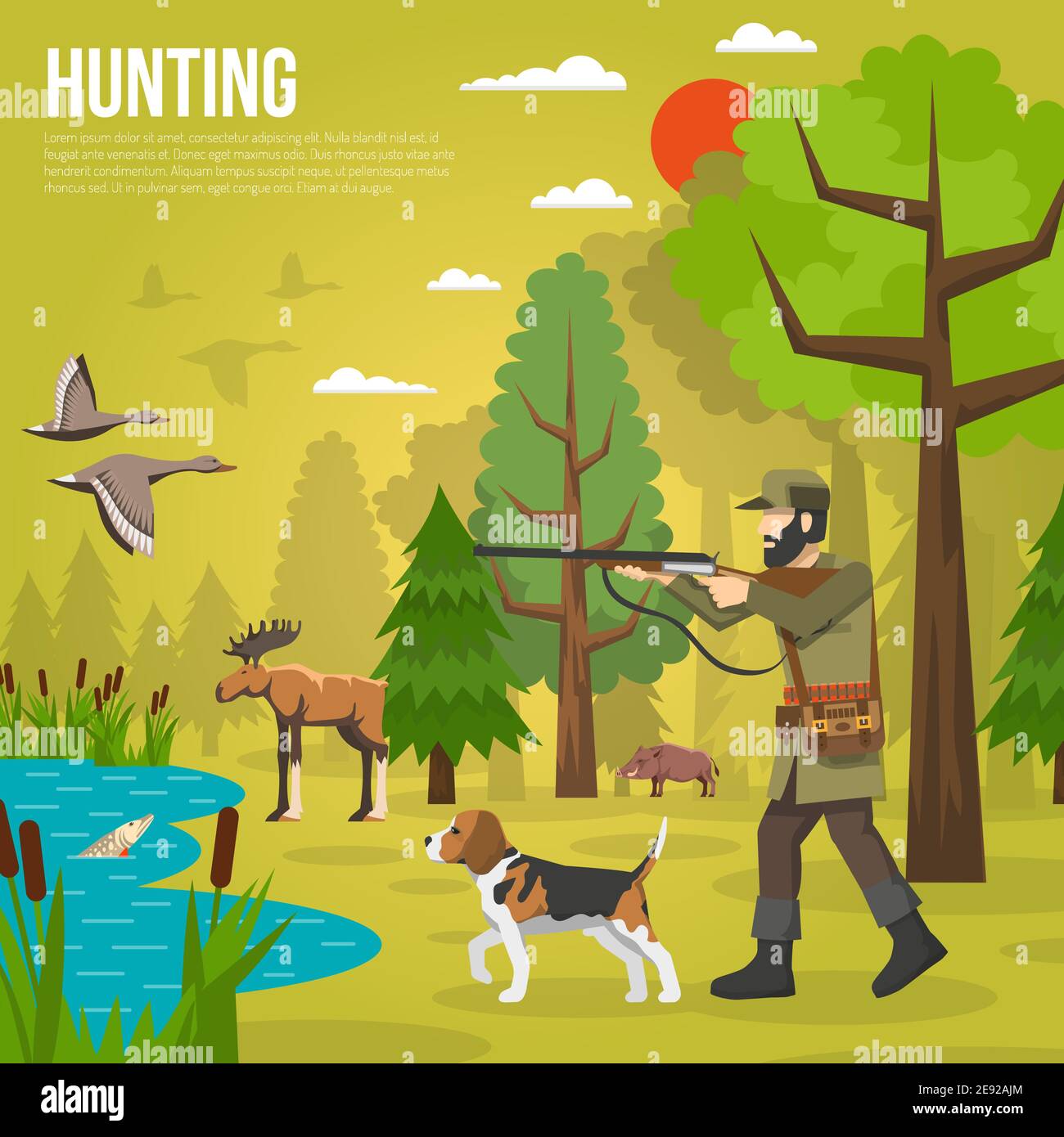 Colorful flat icons composition of hunter aiming at ducks dog deer and
