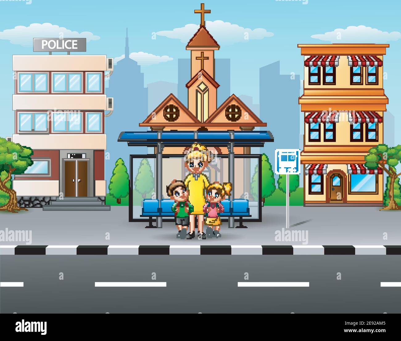 Vector illustration of Mother and his children at the bus stop Stock Vector  Image & Art - Alamy