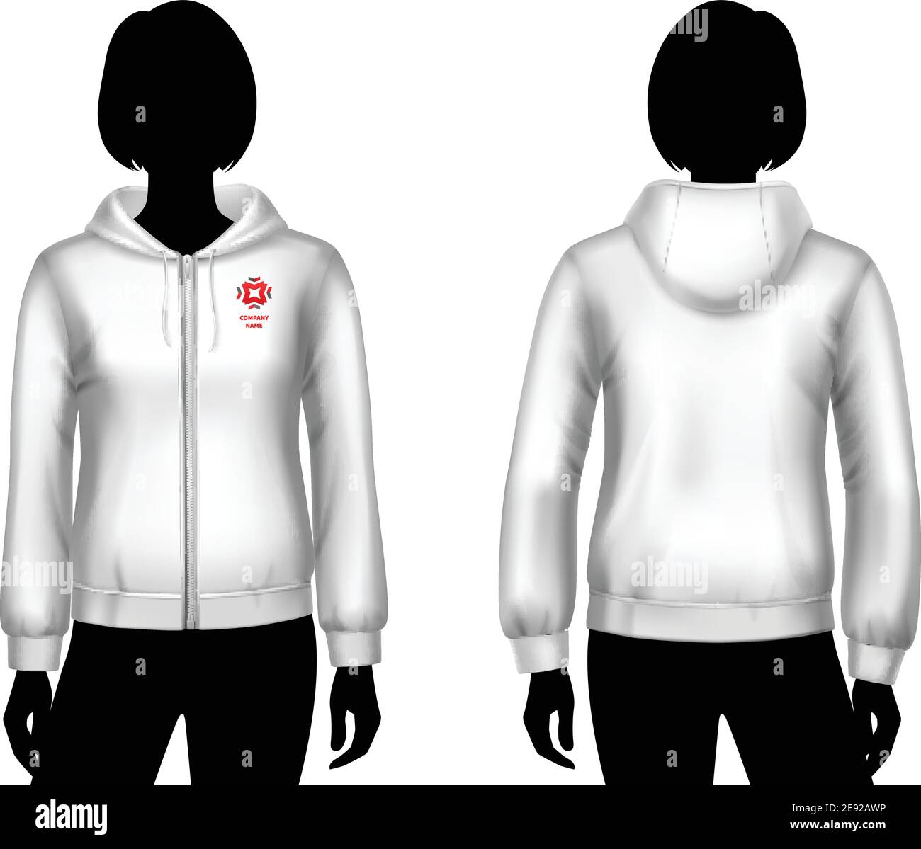 Female hooded sweatshirt white template on woman body front and back ...