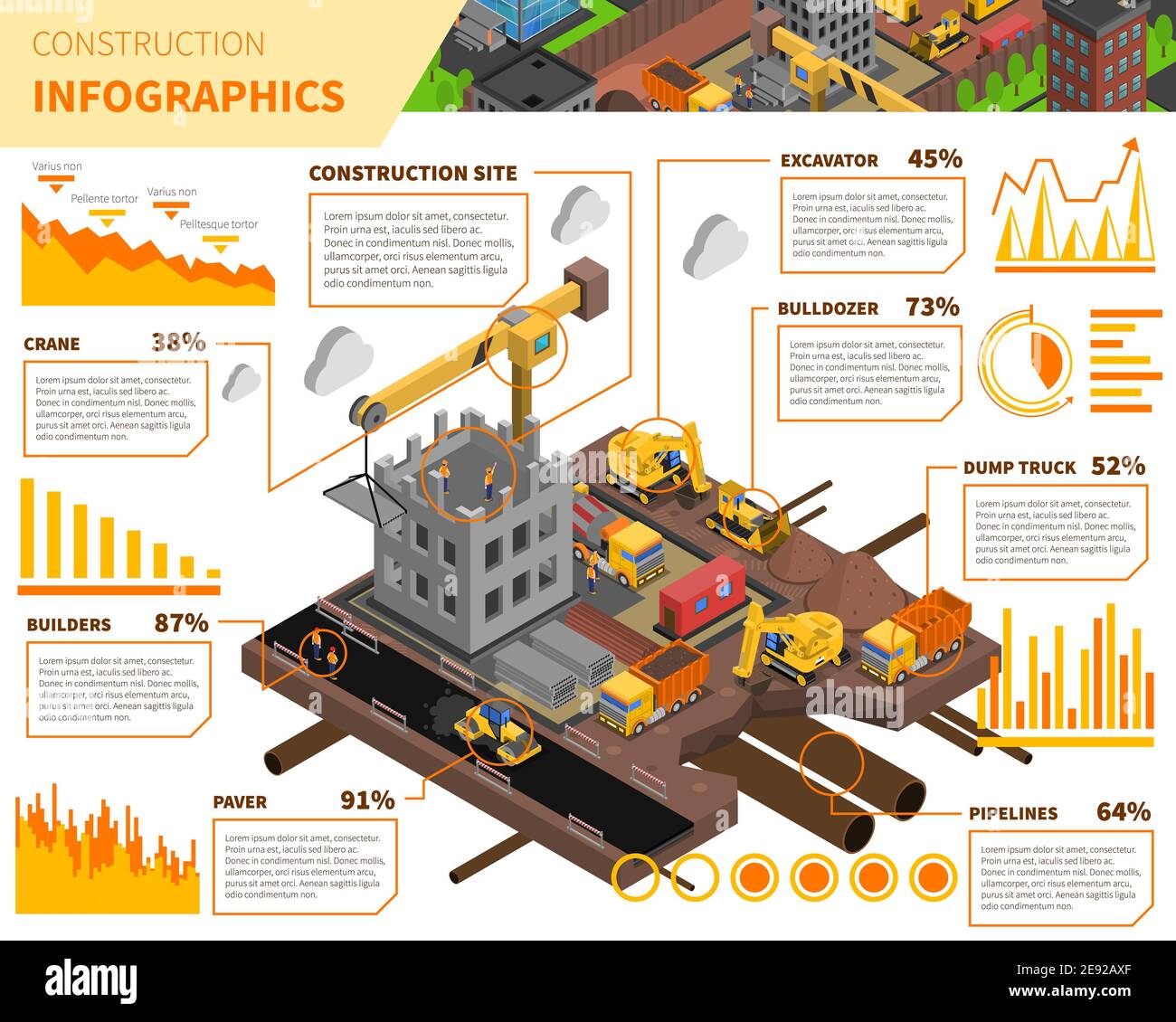 Building construction isometric infographics with data about use of