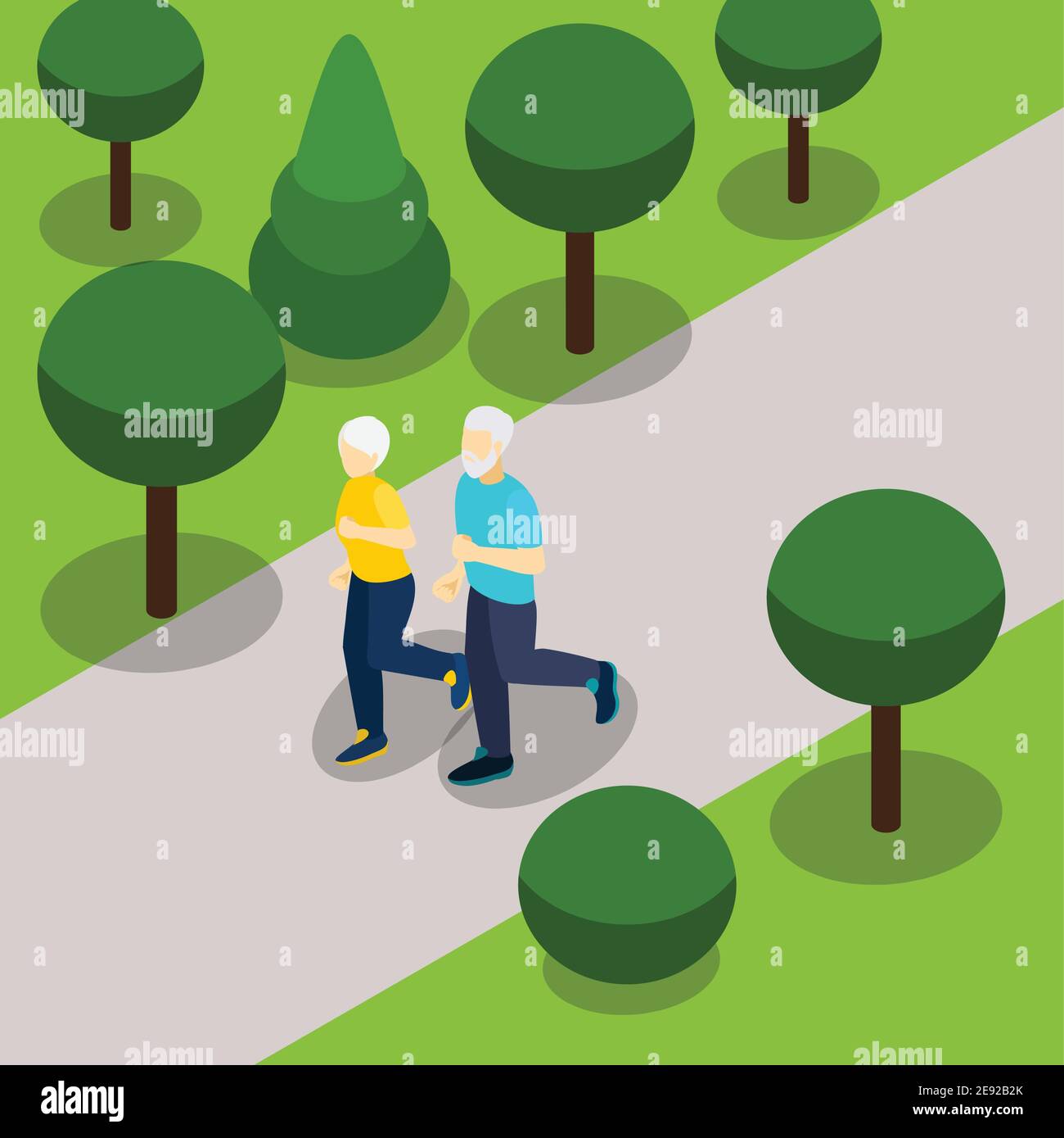 Active retirement lifestyle isometric banner with elderly couple jogging in the park abstract vector illustration Stock Vector