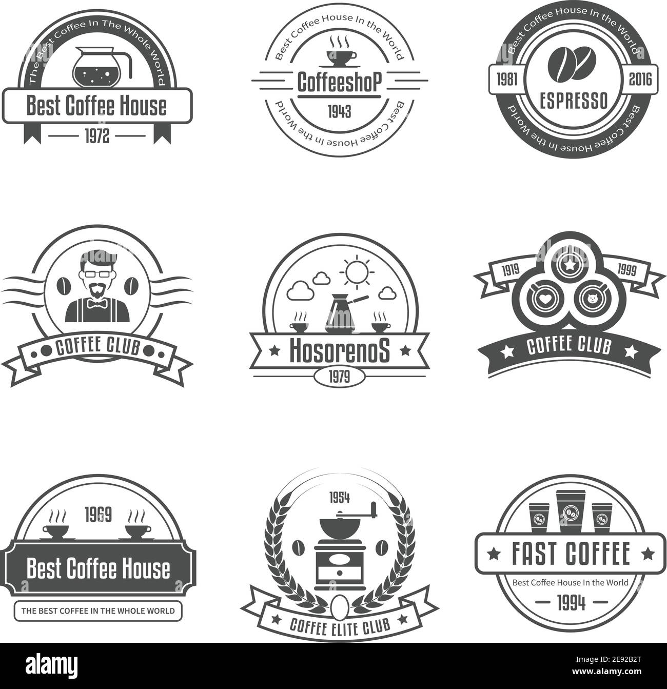 Coffee house emblems set  with cups grinder and beans black white color isolated vector illustration Stock Vector