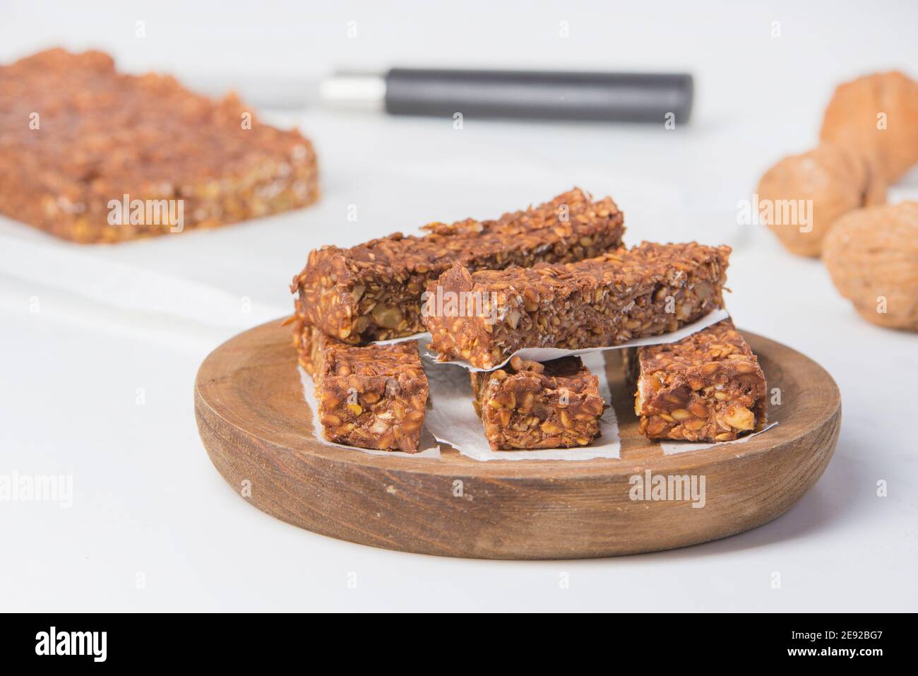bar with chocolate protein and unsweetened nuts Stock Photo Alamy